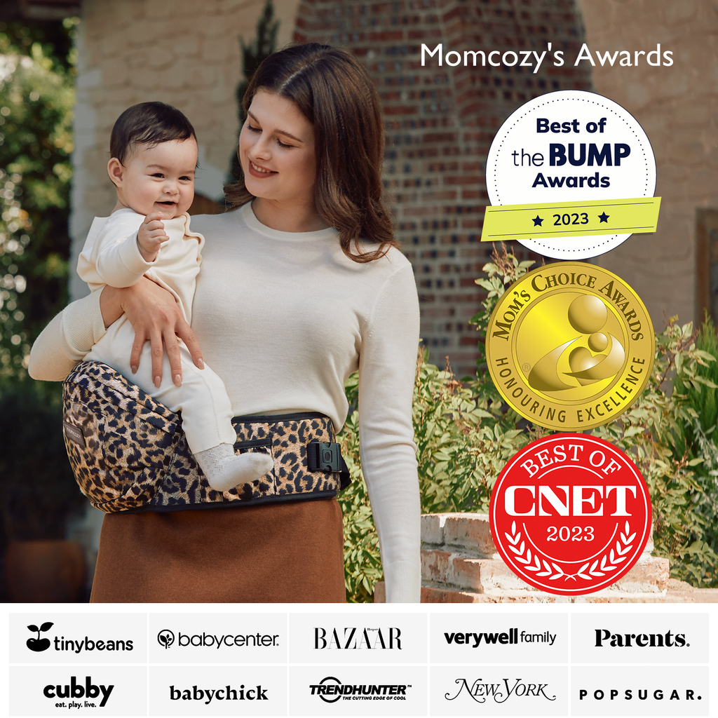 Momcozy Wander360 hip seat carrier in leopard print, showcasing Momcozy's 'Best of BUMP' & 'CNET' 2023 awards, with mother and happy baby.