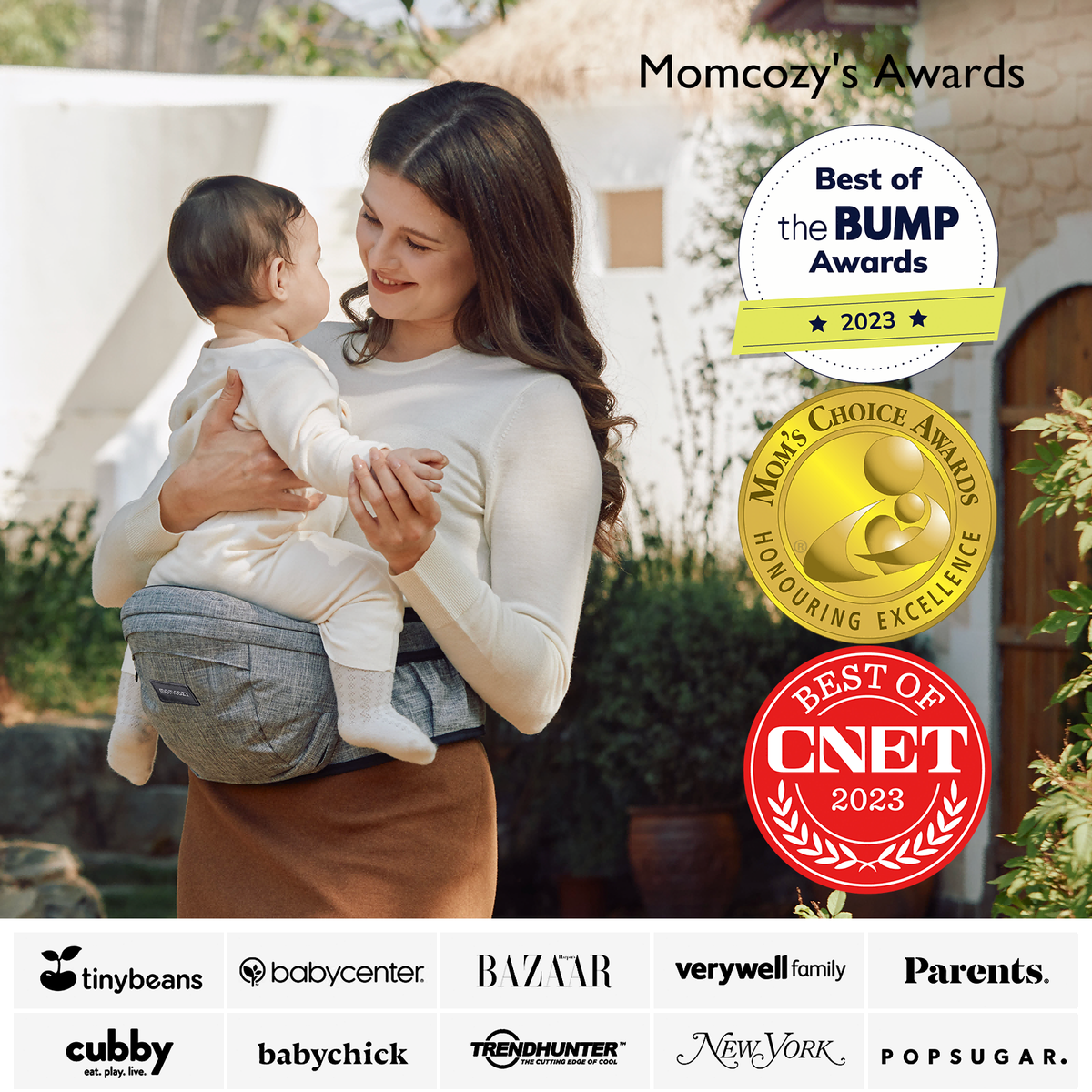 Momcozy Wander360 Hip Seat Carrier awarded product. Woman with baby, showcasing awards including 'Best of BUMP' & 'CNET'.