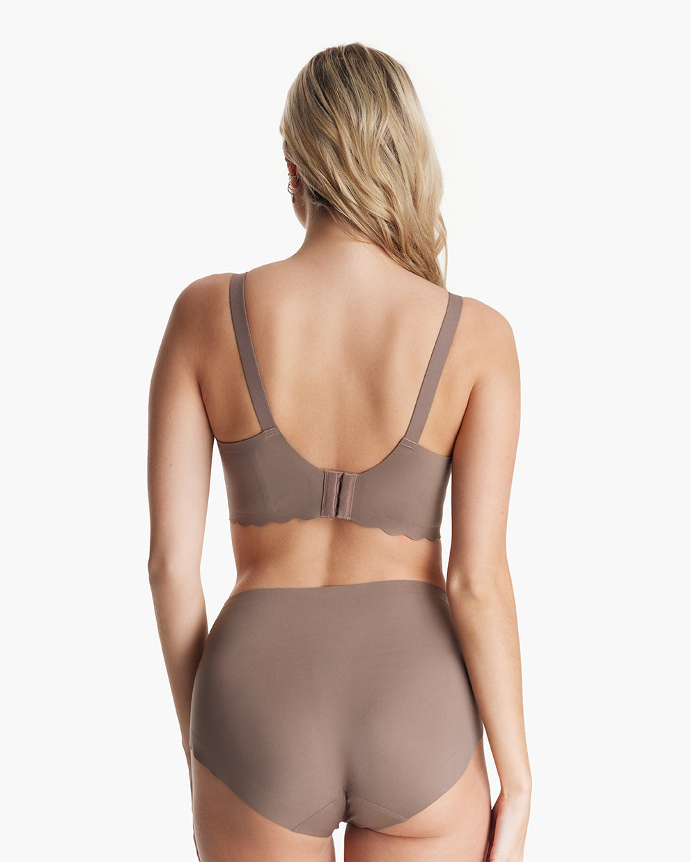 Taupe Jelly Strip Seamless Nursing Bra YN46 & briefs set, rear view. Adjustable straps, hook-and-eye, scalloped band.