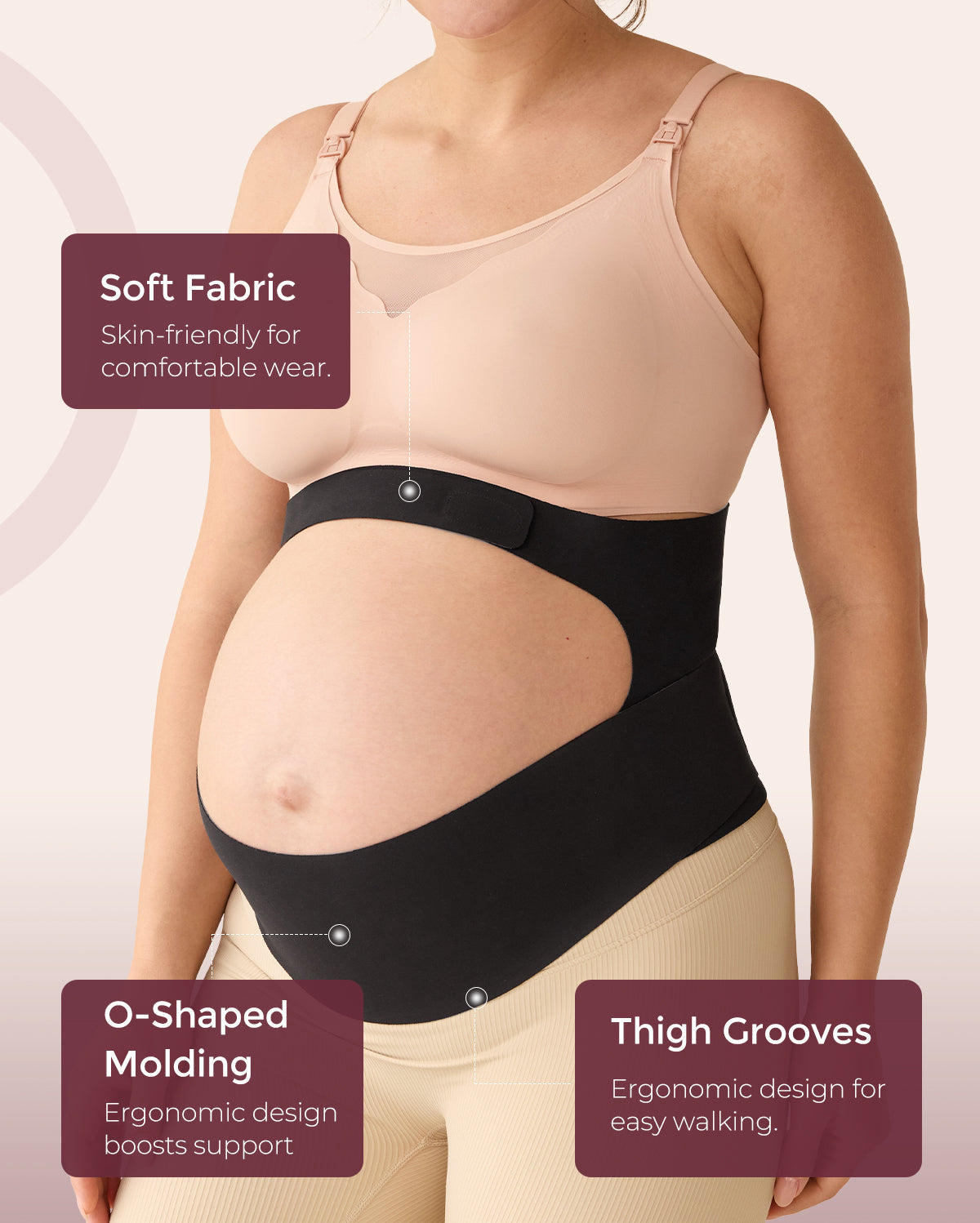 Pregnant person wearing black BumpEase maternity band with O-shaped molding and thigh grooves for support.