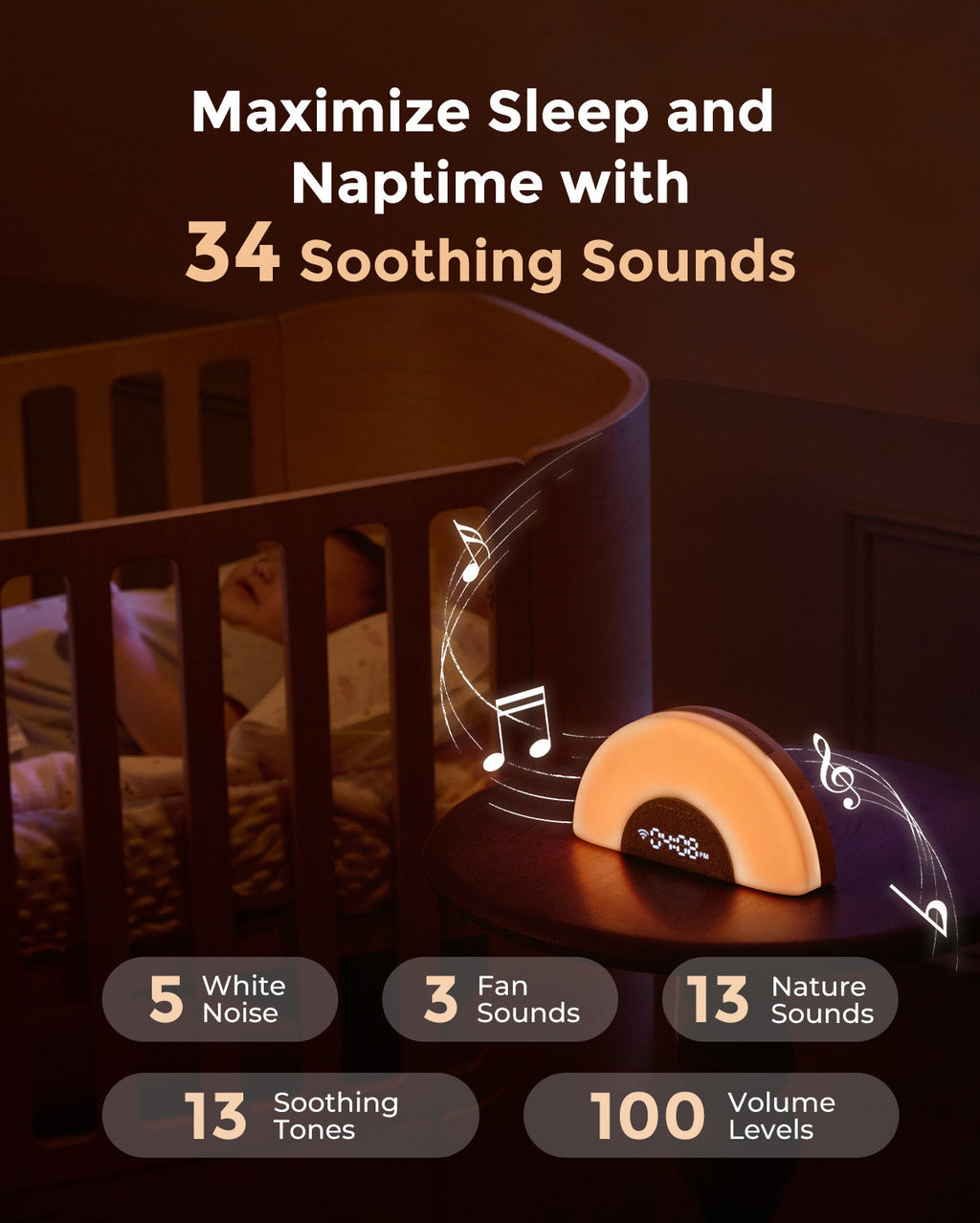 DreamSync Tech smart baby sound machine with rainbow light, 34 soothing sounds, app control, and 100 volume levels.