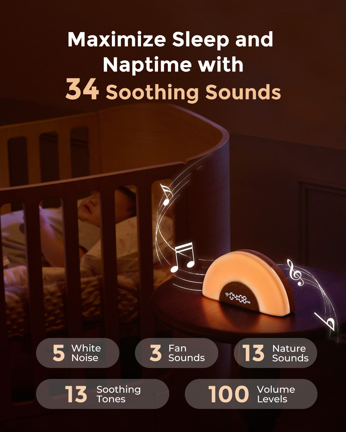 DreamSync Tech smart baby sound machine with rainbow light, 34 soothing sounds, app control, and 100 volume levels.