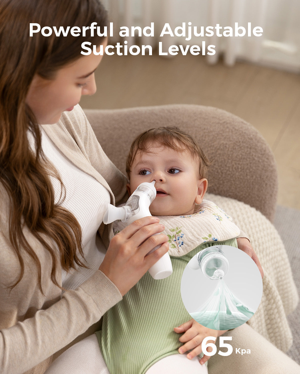Mom using Momcozy nasal aspirator on baby, showing powerful and adjustable suction levels of 65 Kpa.
