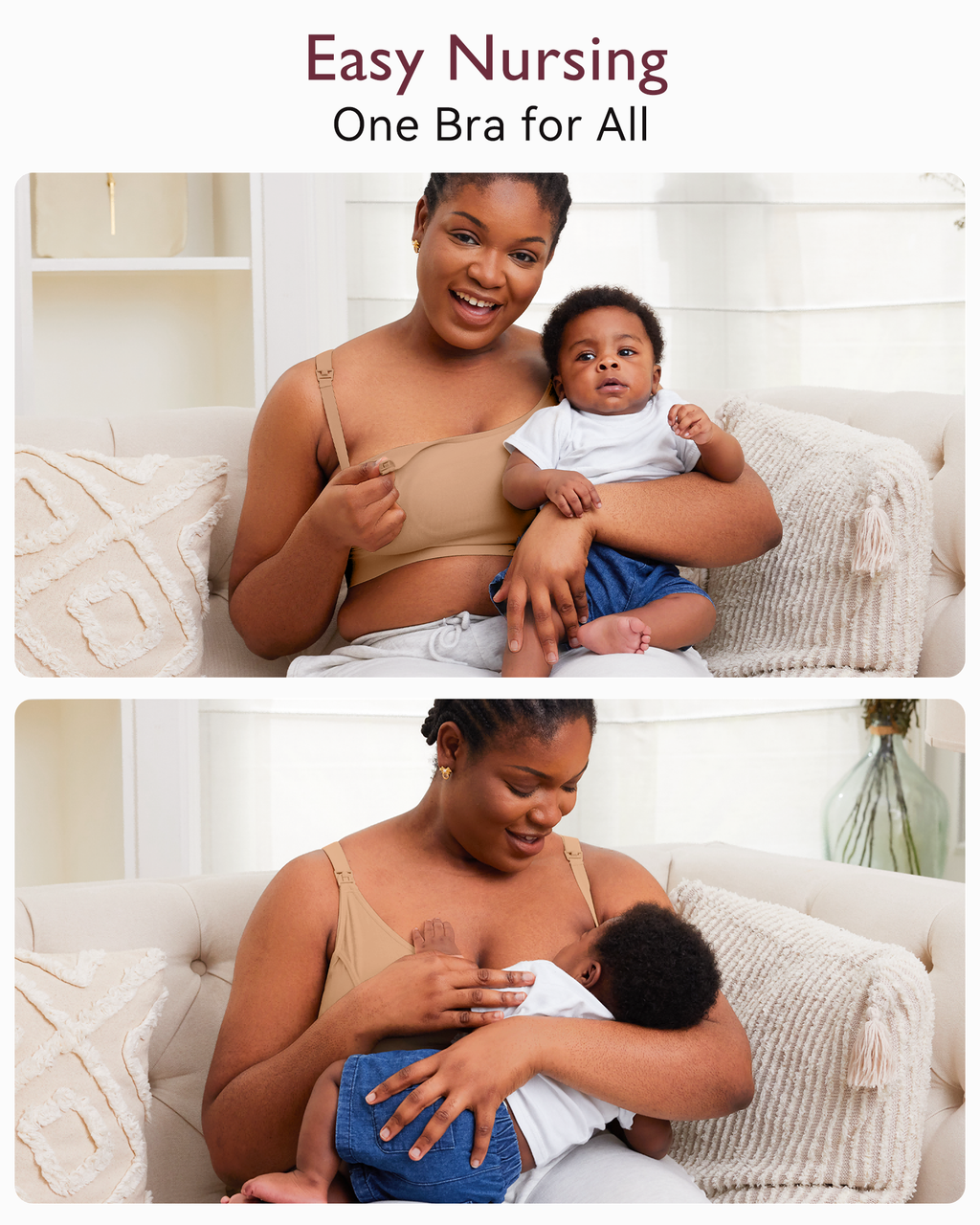Black mom in beige YN08 nursing bra demonstrates drop-down access for easy, comfortable breastfeeding her baby.