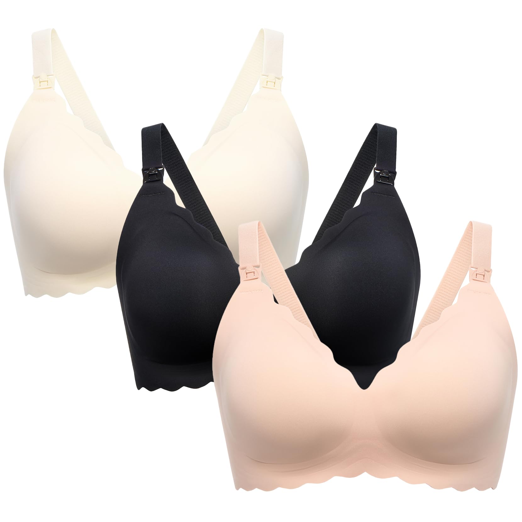 Three Jelly Strip Seamless Nursing Bras YN46: black, light beige, off-white. Scalloped edges, M9 Pump compatible.