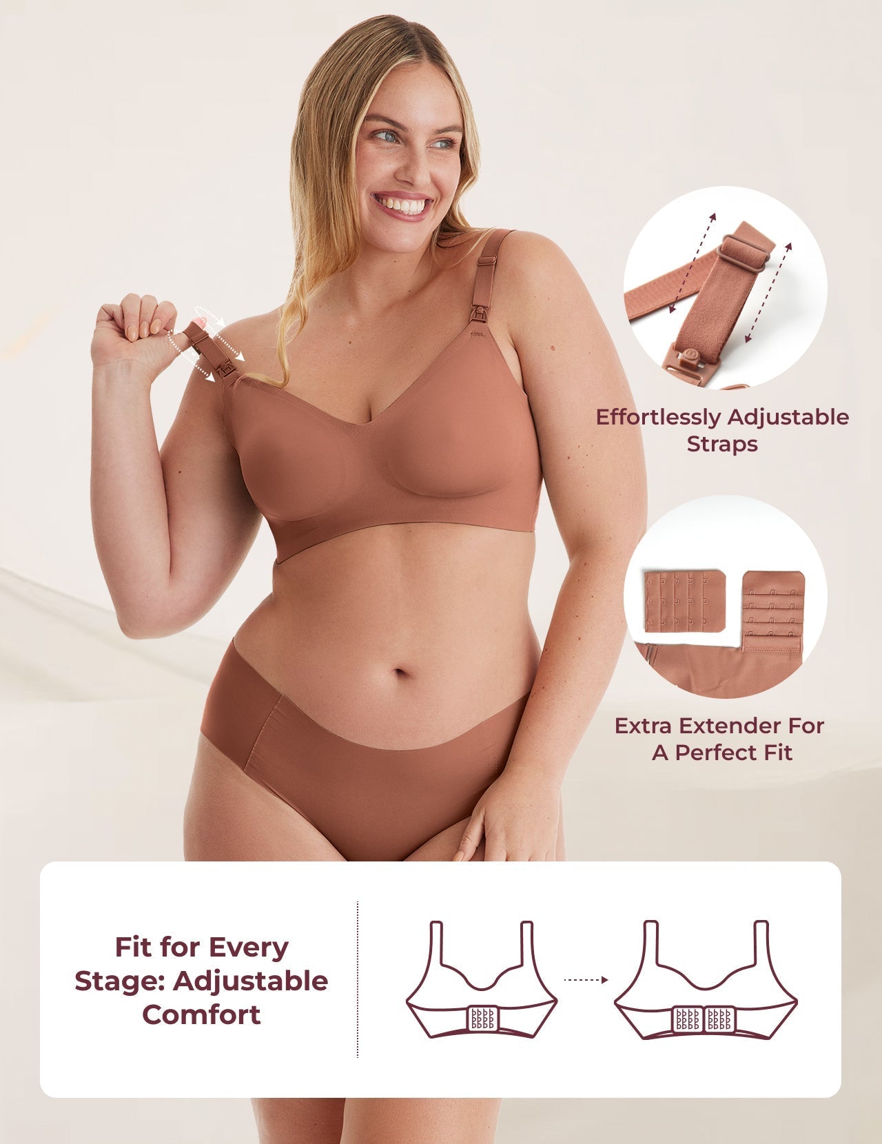 Warm cinnamon YN21 seamless nursing bra: model shows adaptable straps, extender for pregnancy & nursing stages.