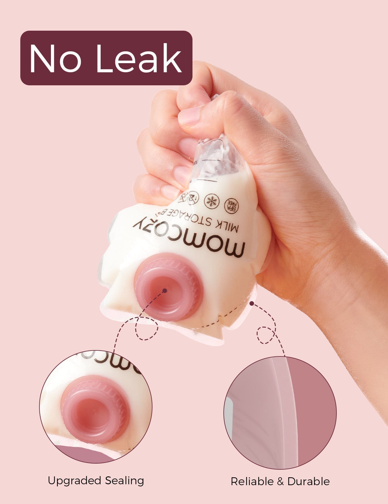 Momcozy screw-on breast milk storage bag showcasing no leak feature with upgraded sealing.