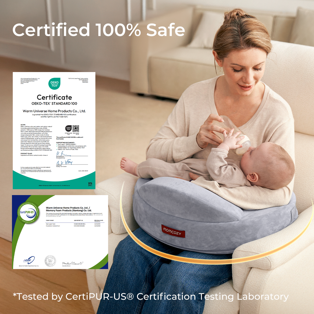 Grey Momcozy MaxSupport Nursing Pillow with mother & baby, OEKO-TEX & CertiPUR-US tested.
