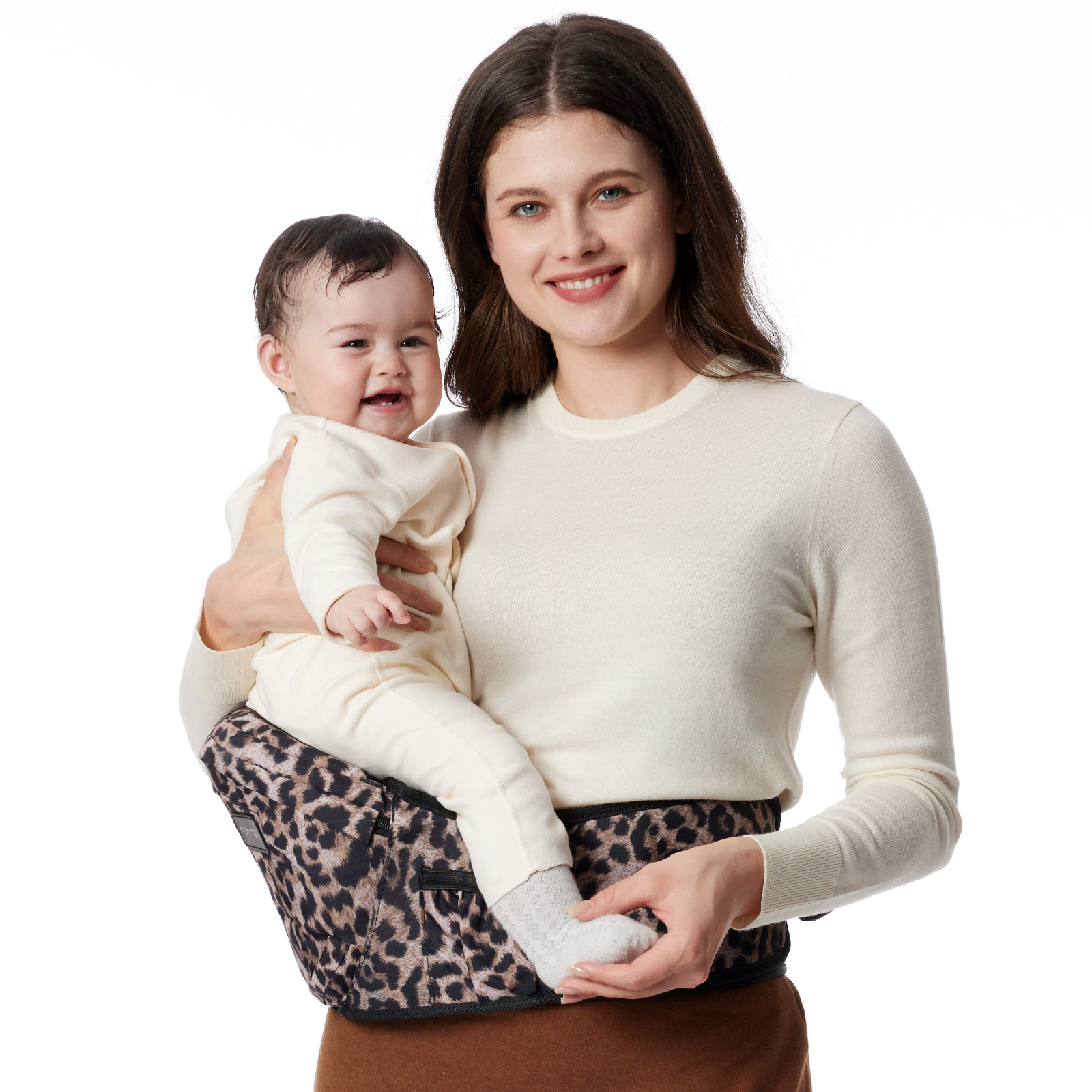 Woman holding baby in leopard print Momcozy Wander360 hip seat carrier
