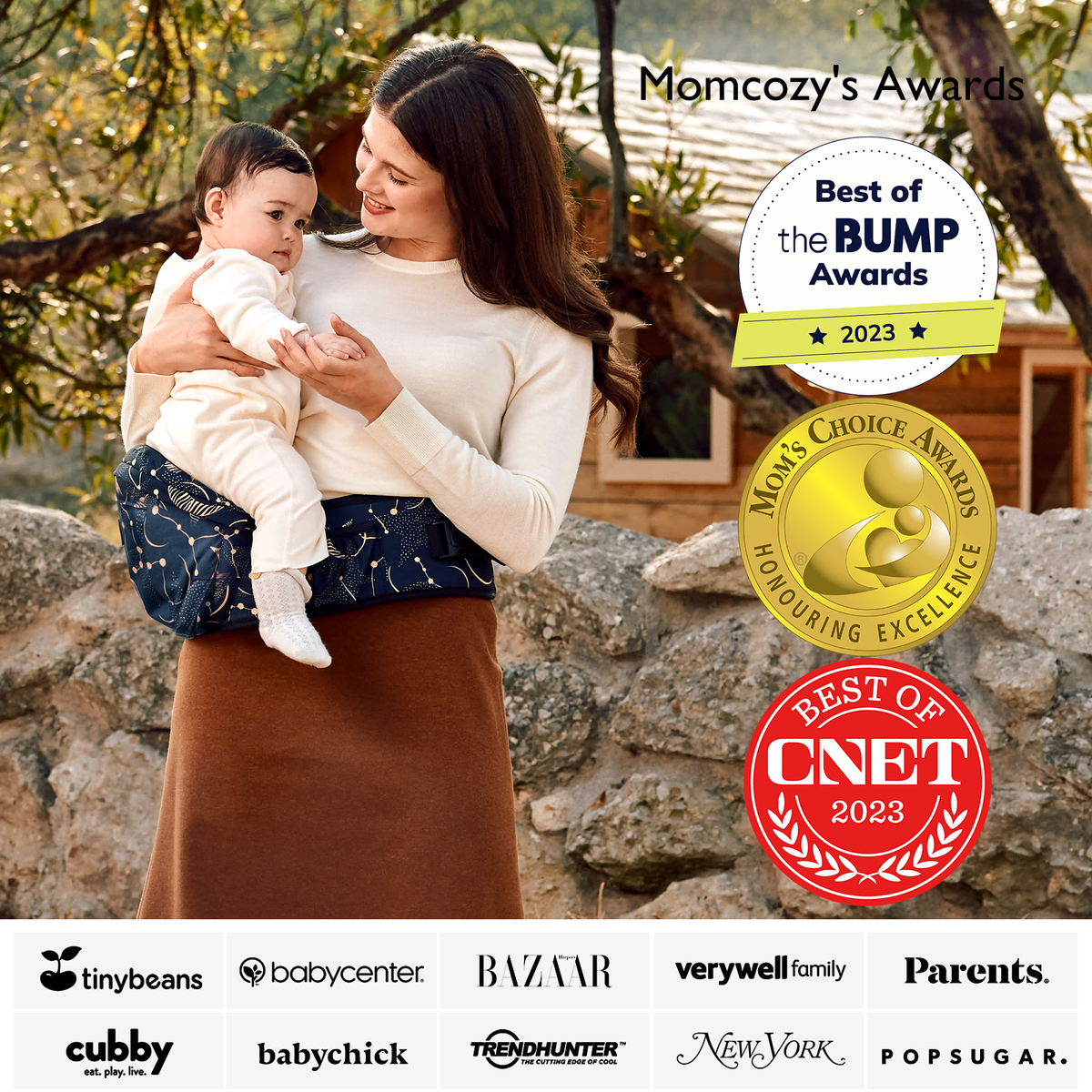 Momcozy Wander360 Hip Seat Carrier, awarded 'Best of BUMP' & 'CNET' 2023, woman holding baby.
