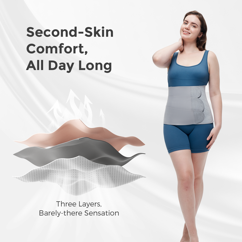 Momcozy Ergowrap Postpartum Belly Band: light gray, three-layer design for second-skin comfort and all-day support.