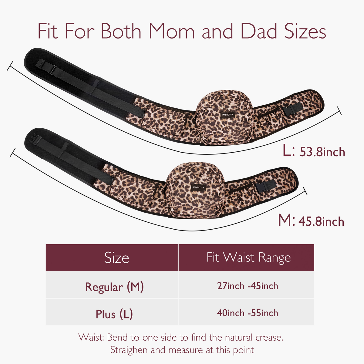 Momcozy Wander360 Hip Seat Carrier leopard print, size chart for mom and dad, including regular and plus sizes
