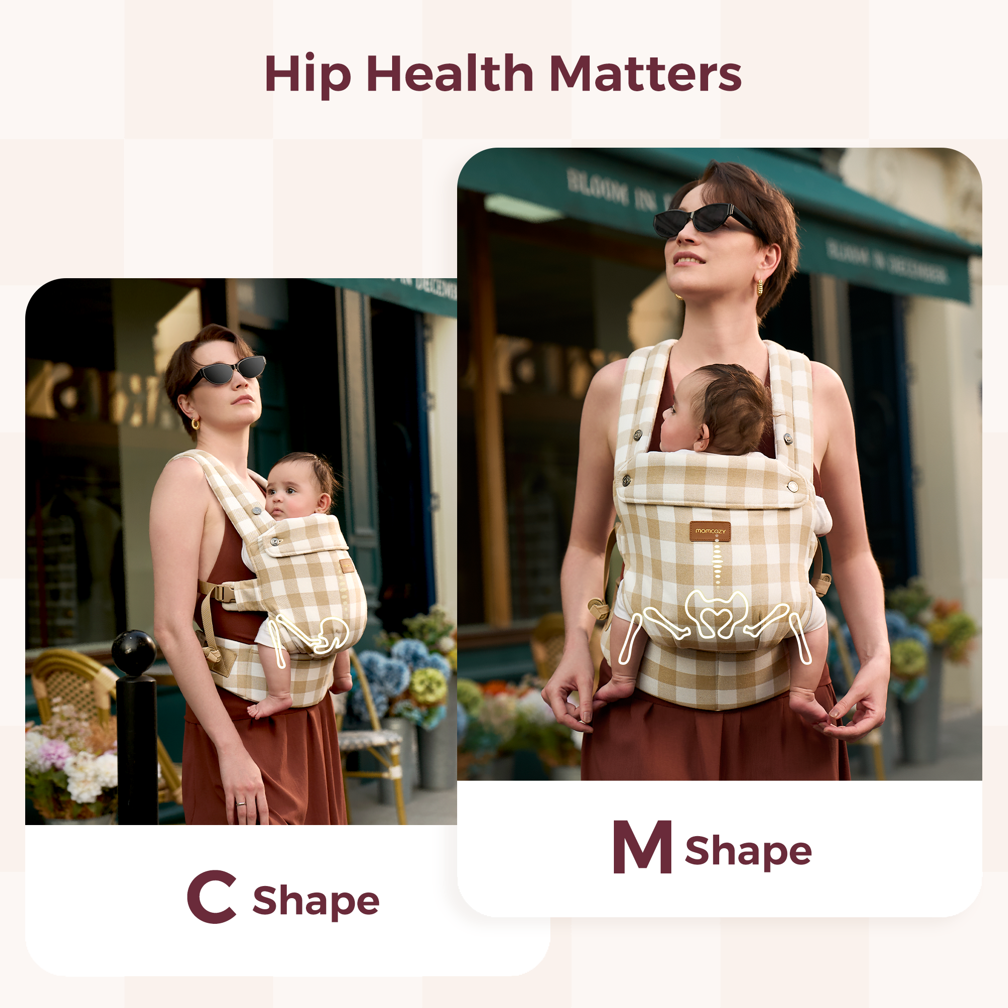 Momcozy PureHug baby carrier, showcasing M and C shapes for hip-healthy babywearing; beige gingham design.