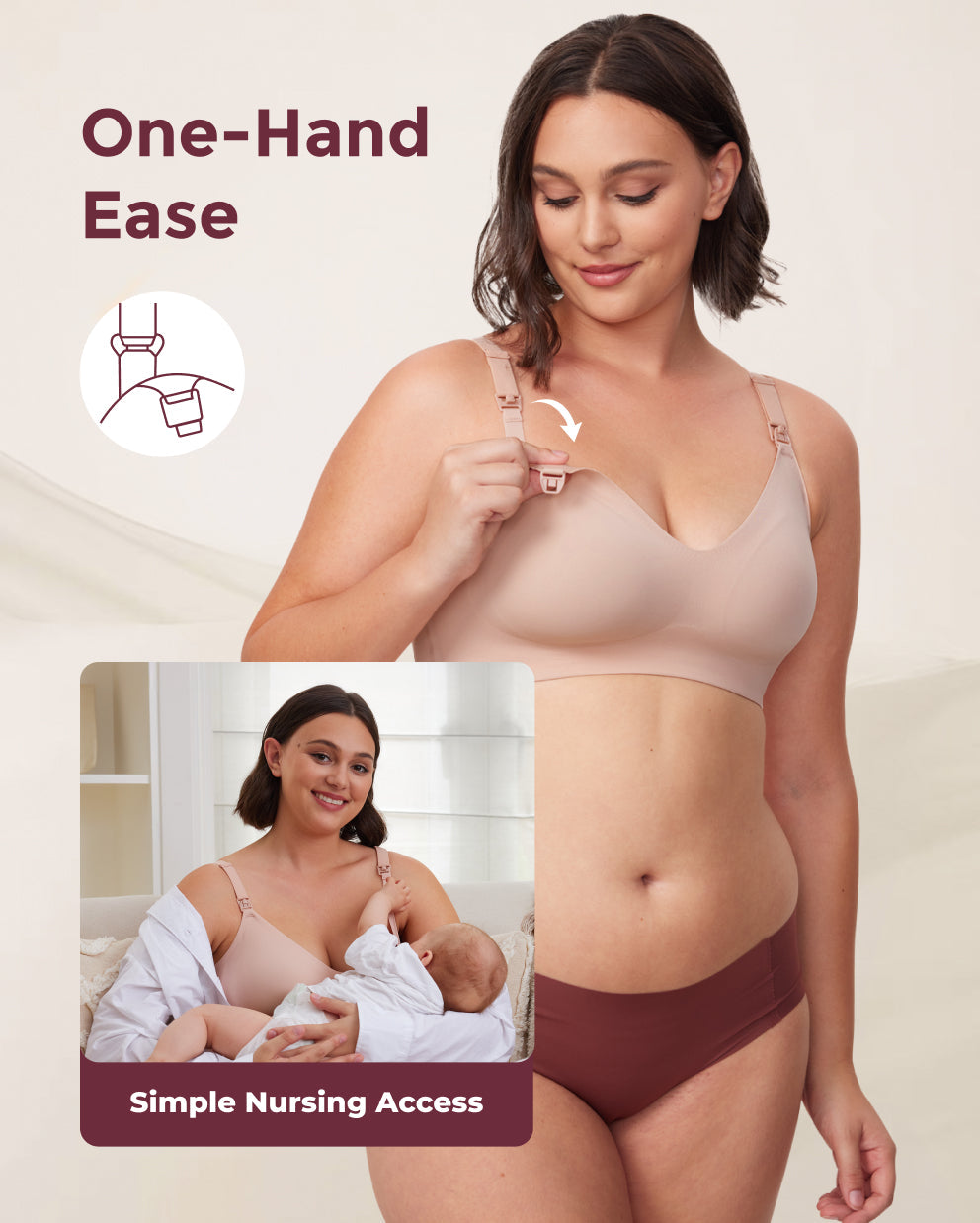 Light taupe YN21 Ultra Soft Nursing Bra: One-hand clip for simple nursing access. Inset: mother breastfeeding.