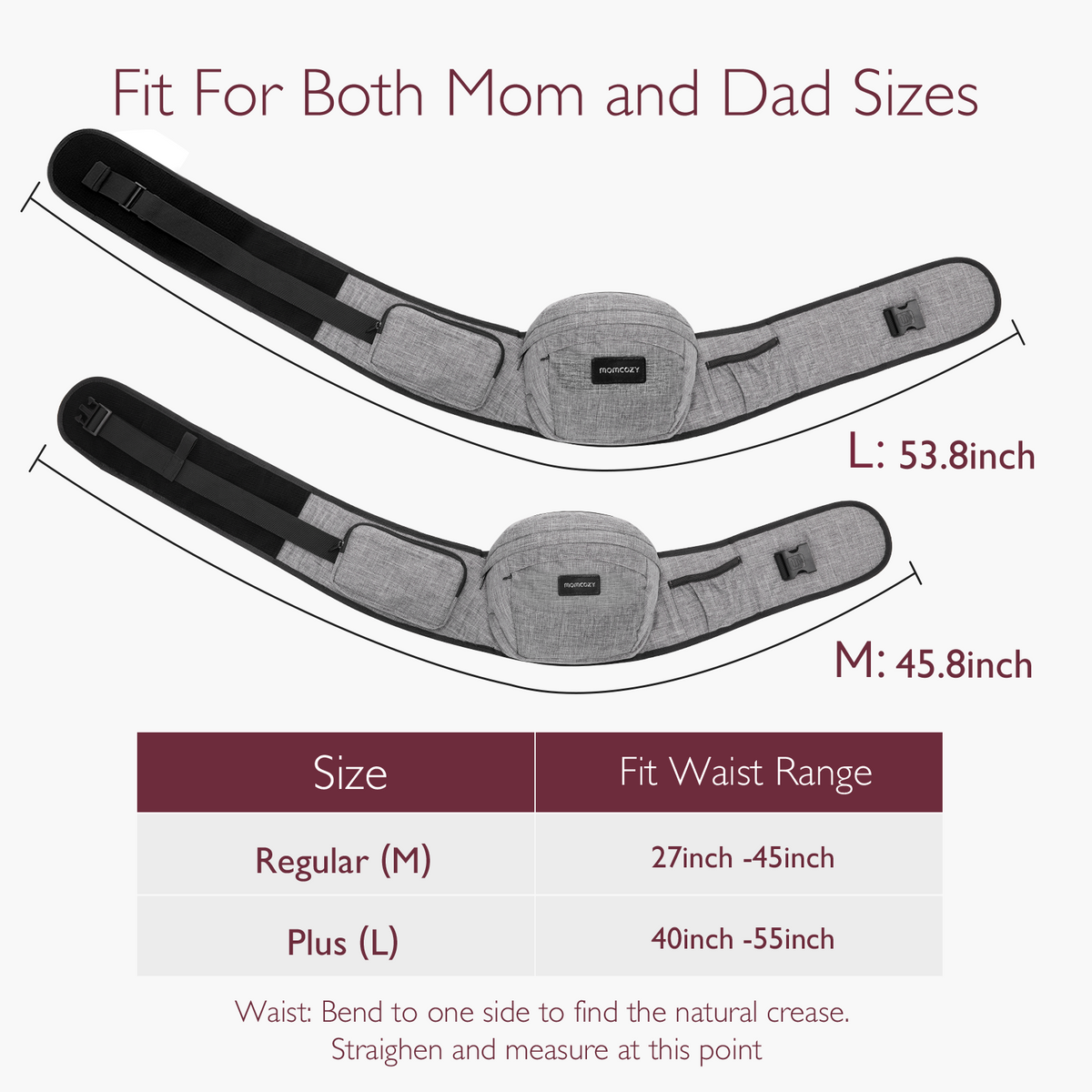 Momcozy Wander360 Hip Seat Carrier size chart, with measurements for mom and dad, featuring Regular (M) and Plus (L) sizes.