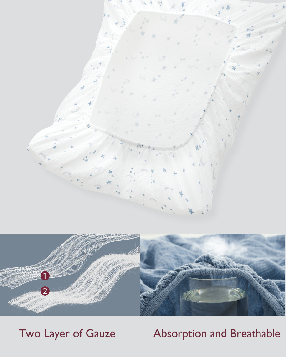 Momcozy Muslin Fitted Crib Sheets - 2 sizes - Green & Grey