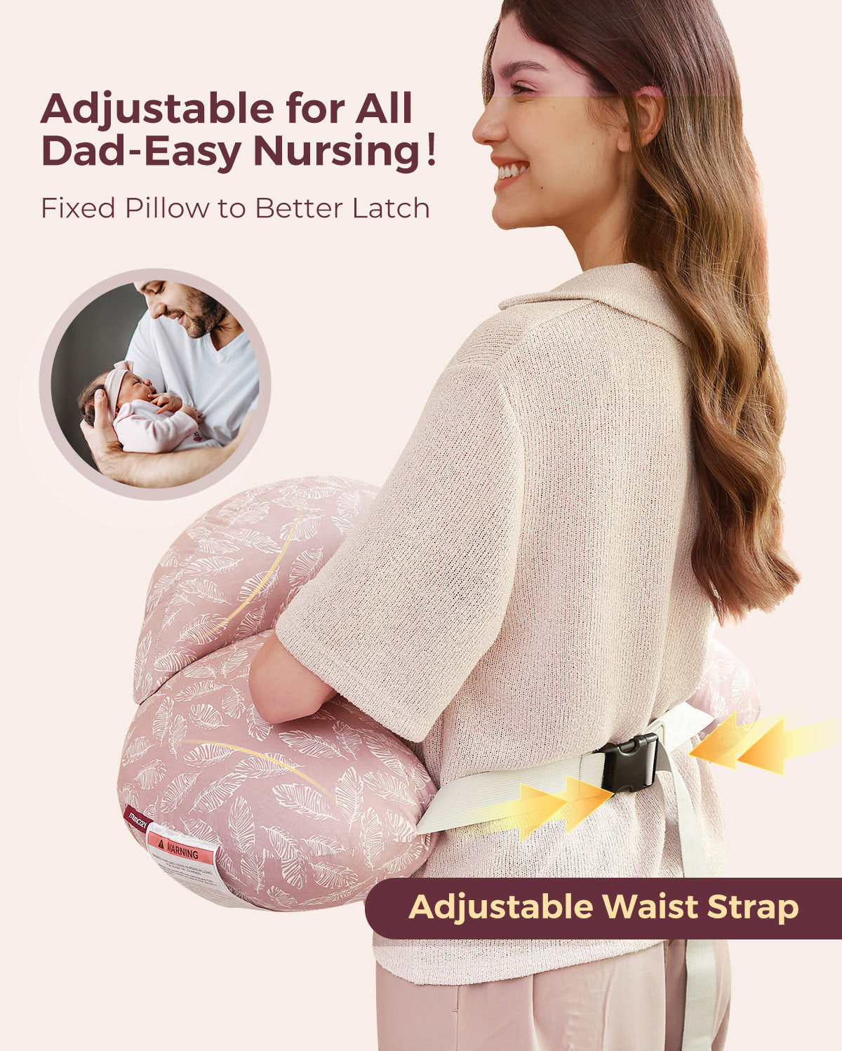 Multifunctional adjustable nursing pillow, pink leaf print, with secure waist strap.