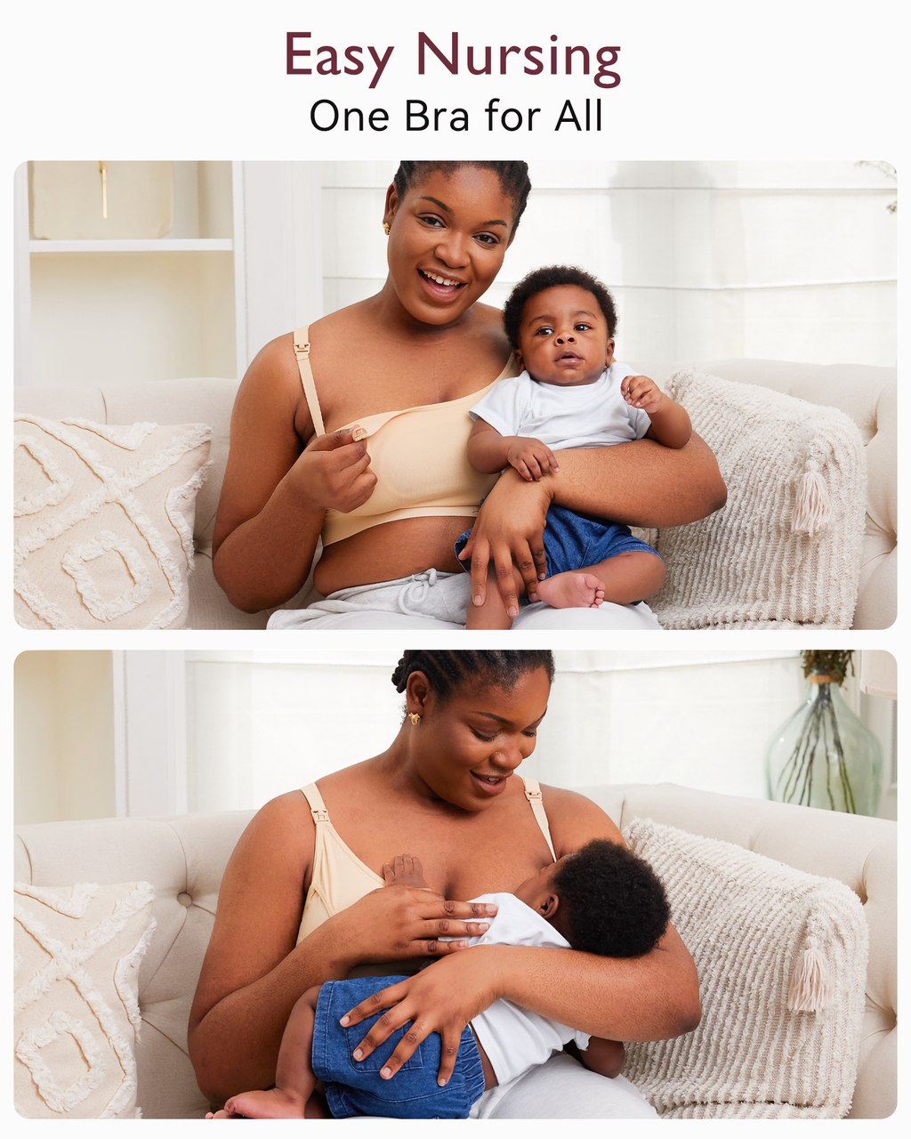 Black mom in beige YN08 nursing & pumping bra shows drop-down access for feeding and comfortable breastfeeding.