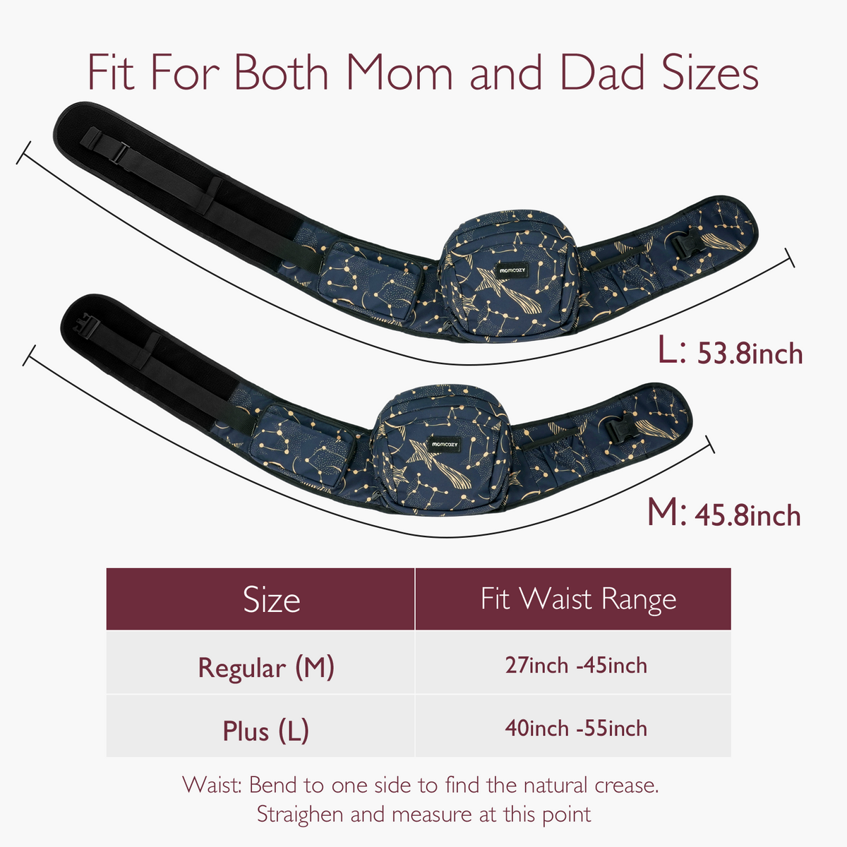 Momcozy Wander360 Hip Seat Carrier size chart, fit for mom and dad, showcasing waist range and size options.