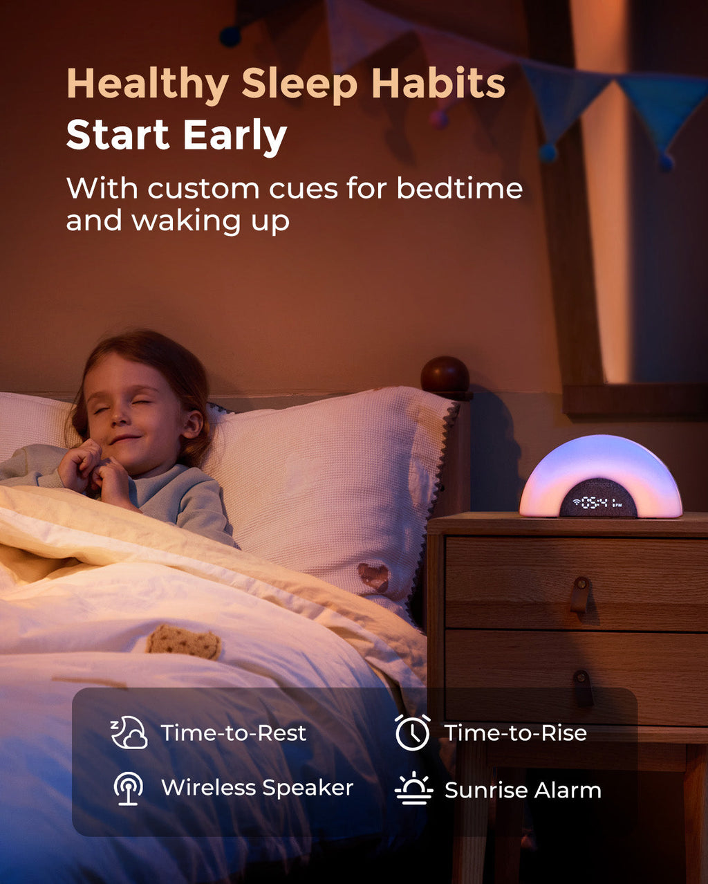 DreamSync baby sound machine with rainbow light, sunrise alarm, wireless speaker. Promotes healthy sleep.
