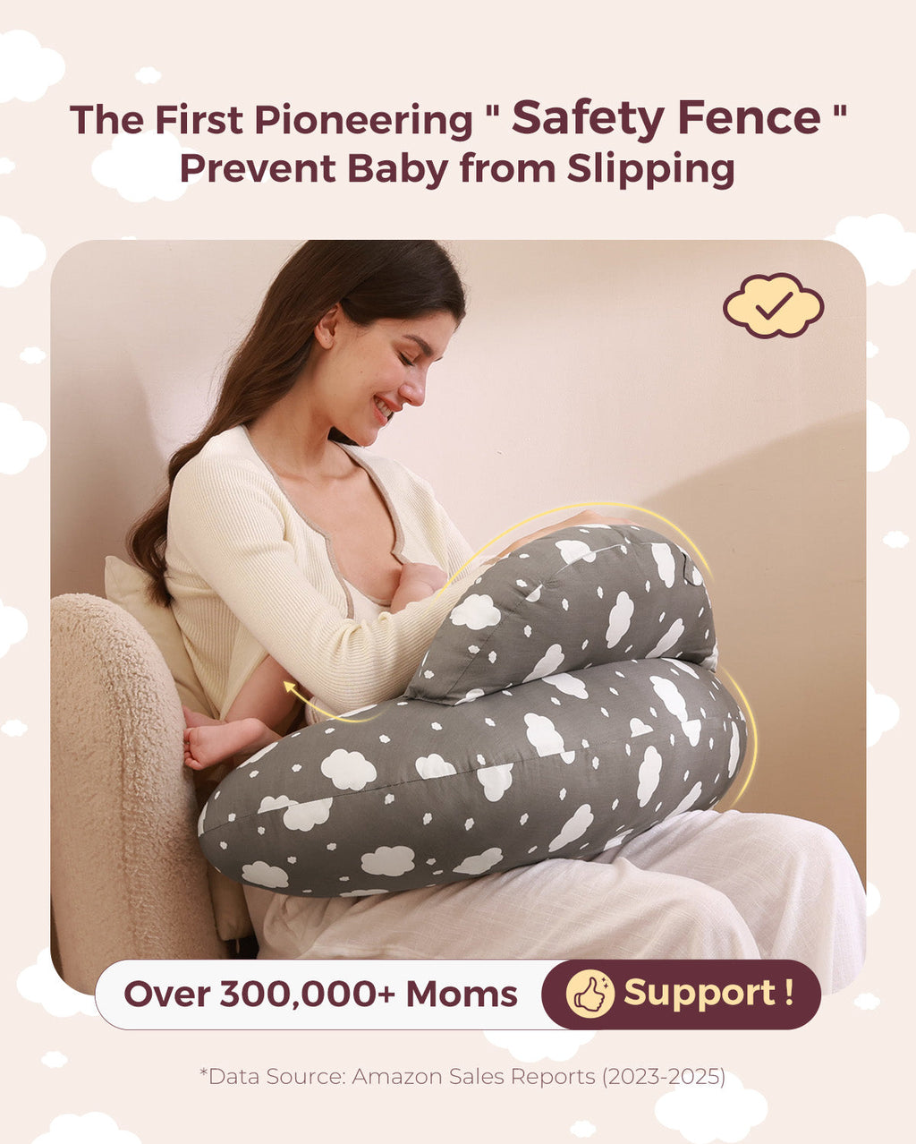 Multifunctional nursing pillow with cloud pattern offering support for breastfeeding moms.