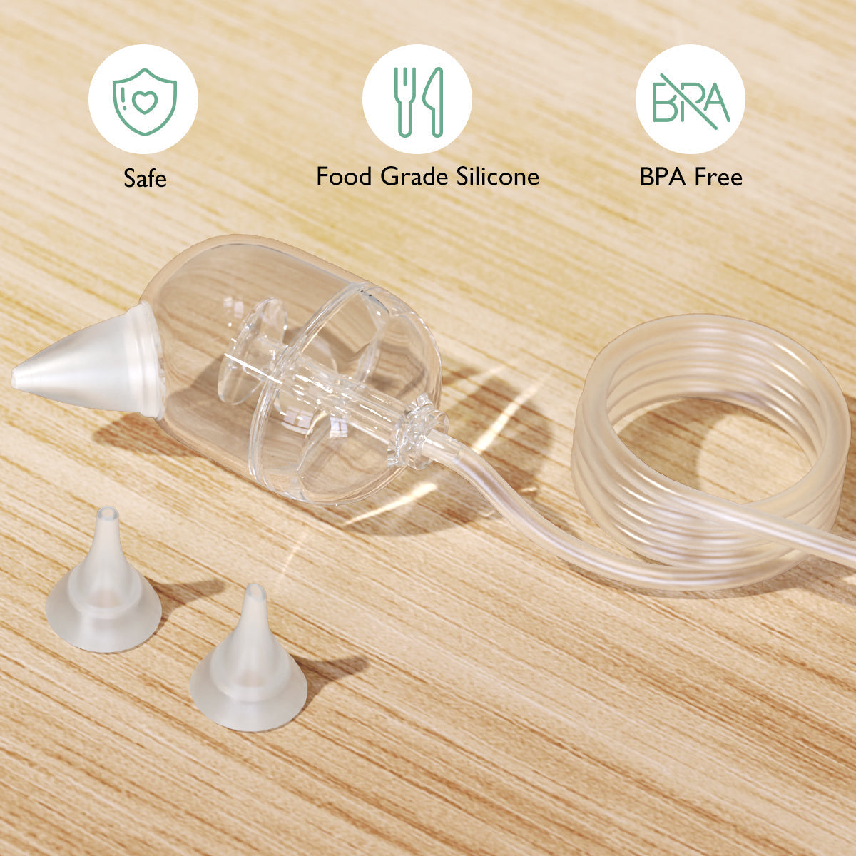 Momcozy nasal aspirator parts: clear chamber, silicone nozzle, tips, coiled tubing. Safe, Food Grade Silicone, BPA Free.