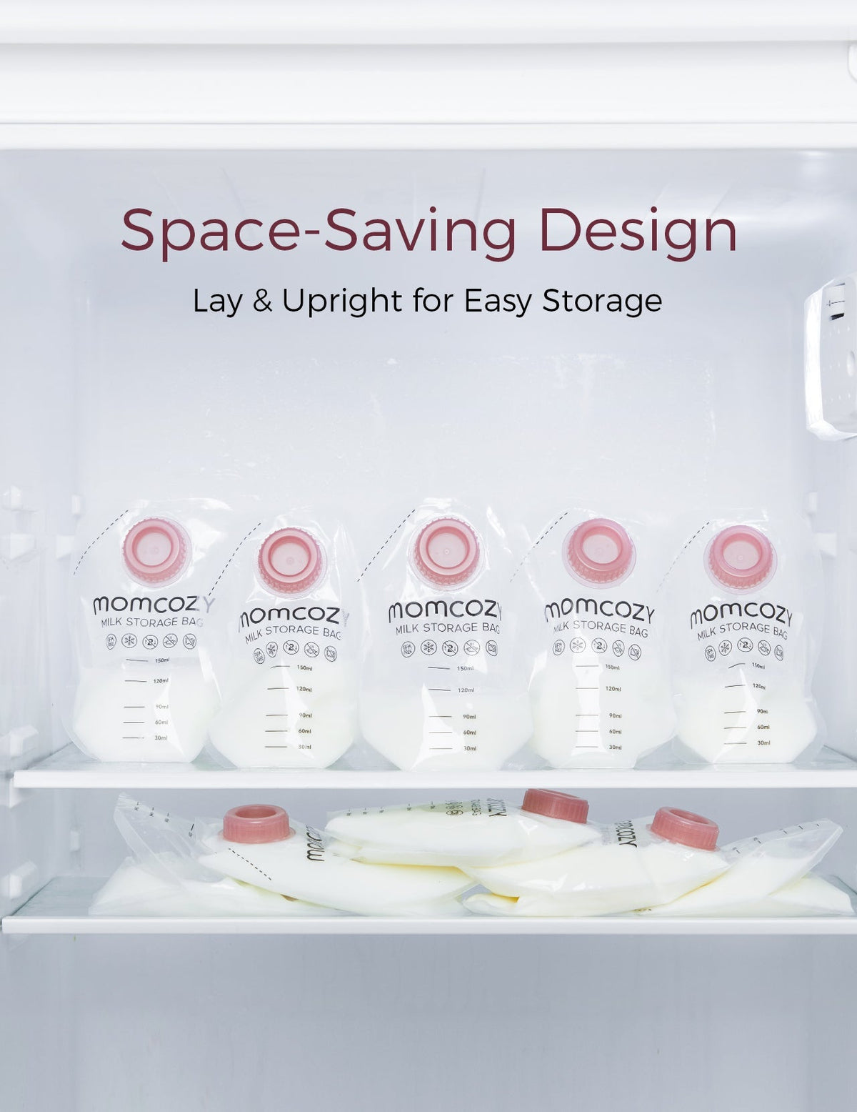 Momcozy screw-on breast milk storage bags arranged upright in fridge to maximize space and convenience.