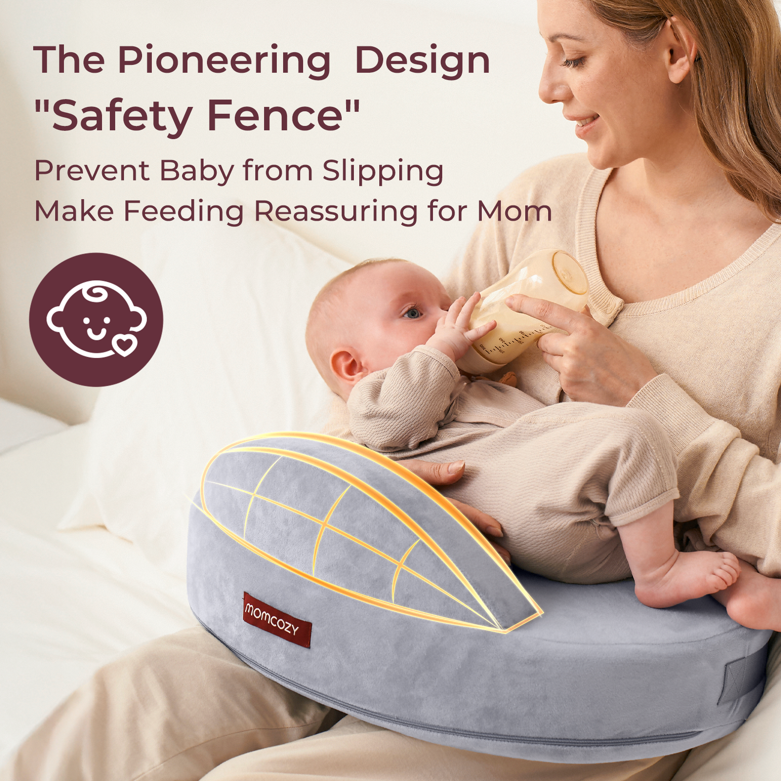 Momcozy MaxSupport nursing pillow with pioneering 'Safety Fence' design preventing baby slipping for reassuring feeding.