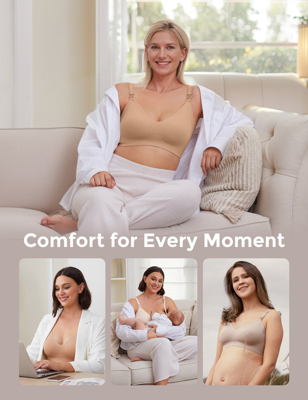 Light peach YN21 Ultra Soft Seamless Nursing Bra: women show comfort for pregnancy, work, nursing, relaxation, and M5 pump.