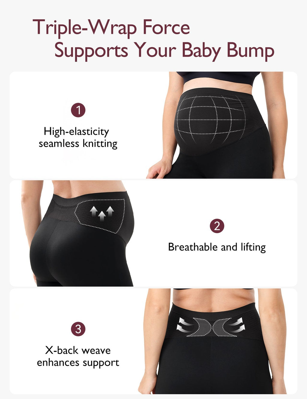 Triple-wrap maternity leggings supporting baby bump with high elasticity and breathability.