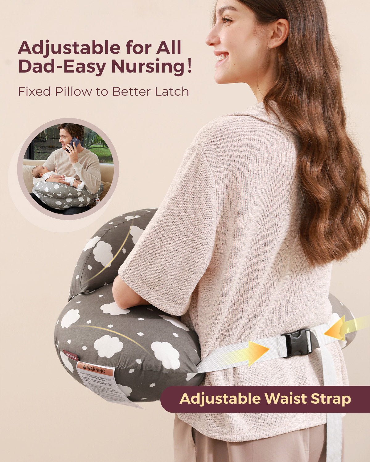 Multifunctional adjustable nursing pillow, cloud pattern, with secure waist strap for easier latch.