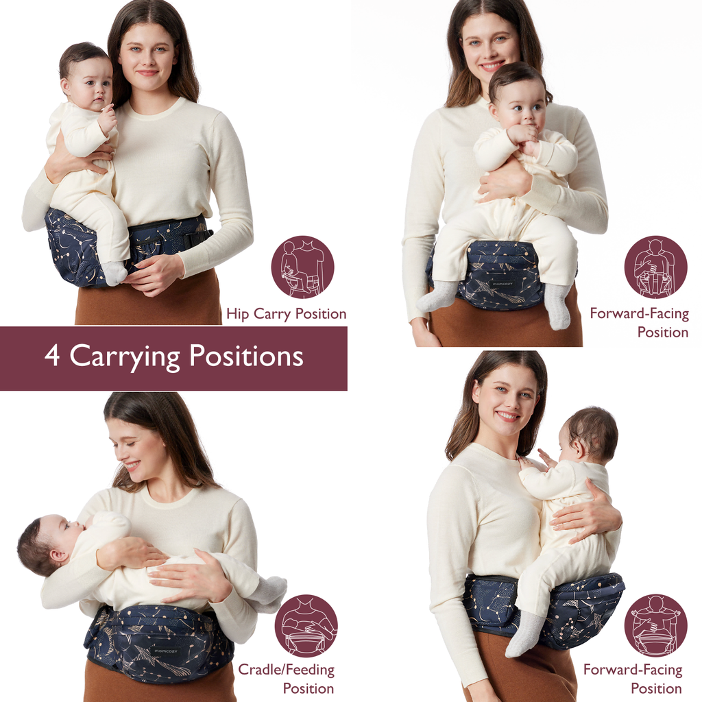 Momcozy Wander360 Hip Seat Carrier showcasing 4 carrying positions: Hip, Forward-Facing, and Cradle/Feeding position.
