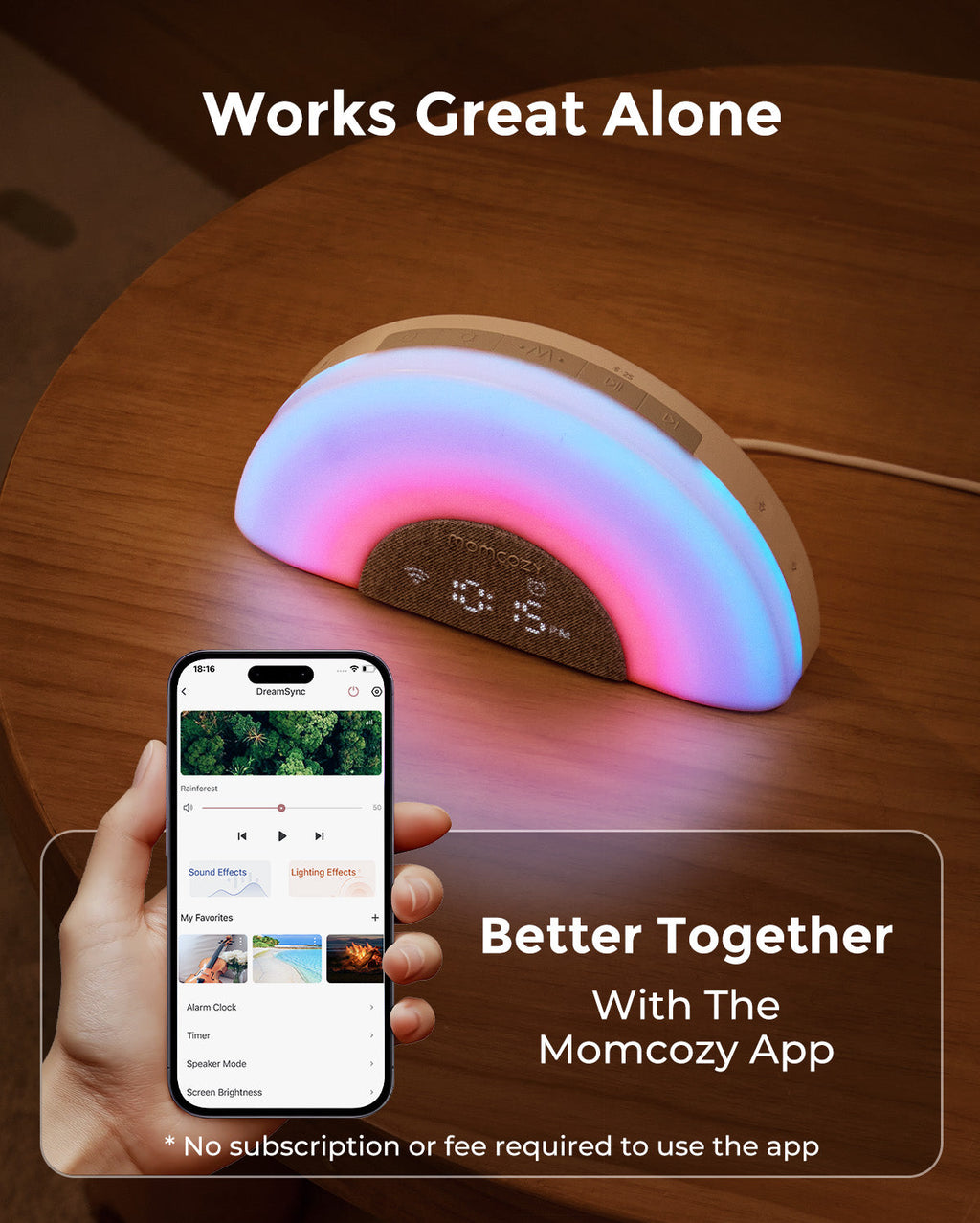 DreamSync Tech smart sound machine with rainbow light, controlled by Momcozy app.