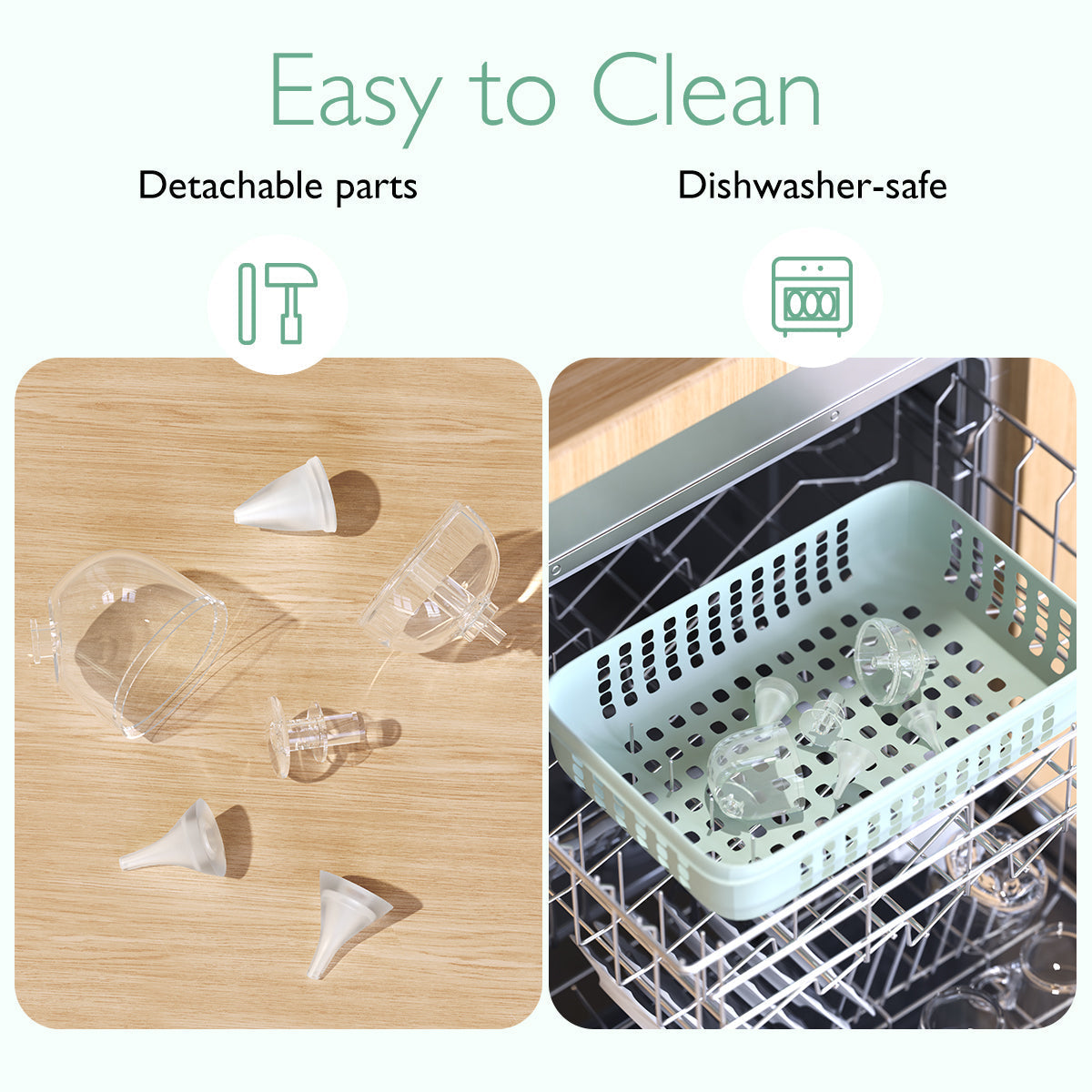 Momcozy nasal aspirator parts are detachable and dishwasher-safe, shown in a light blue basket inside a dishwasher.