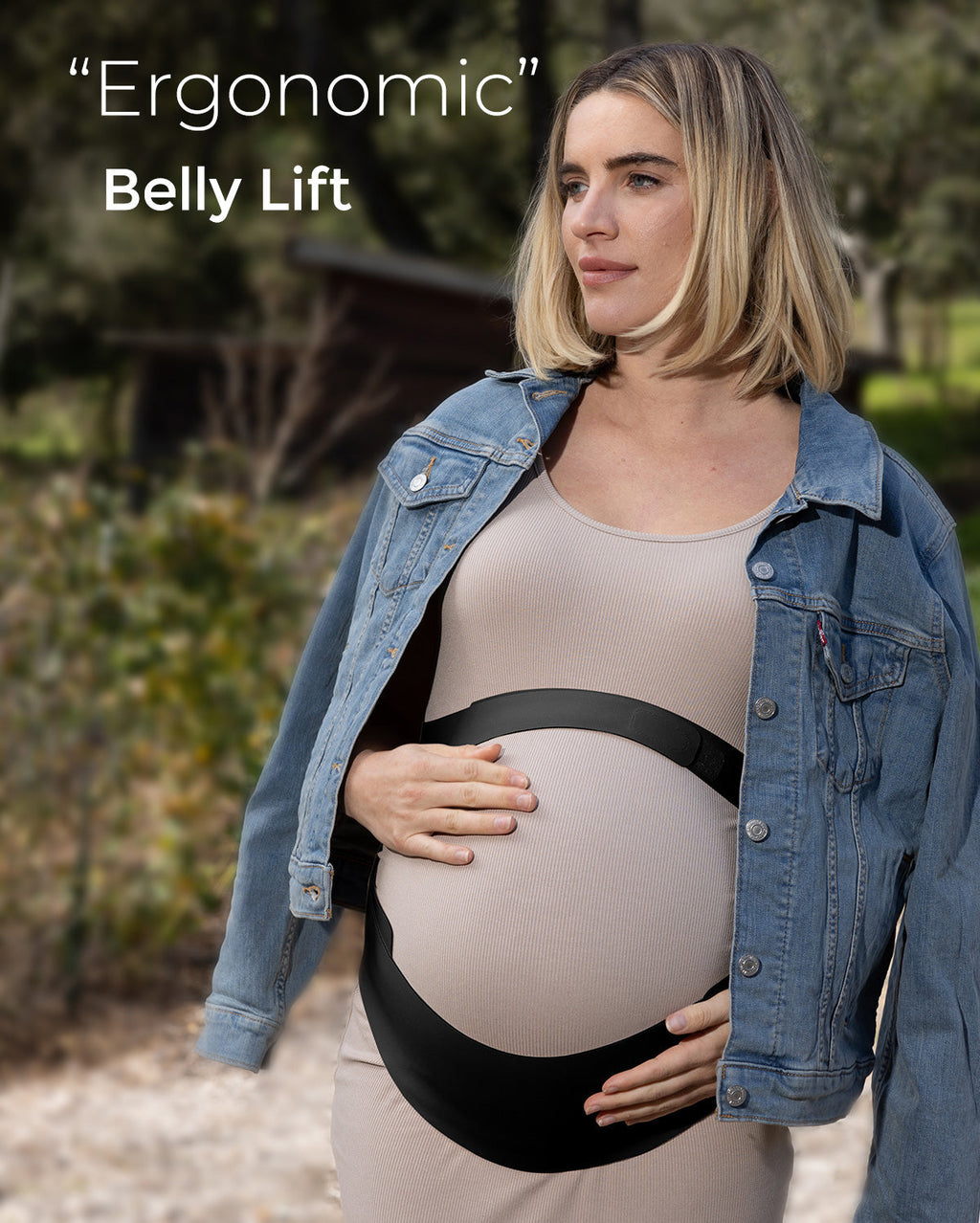 Pregnant person wearing black BumpEase maternity belly band with "Ergonomic" Belly Lift text overlay.
