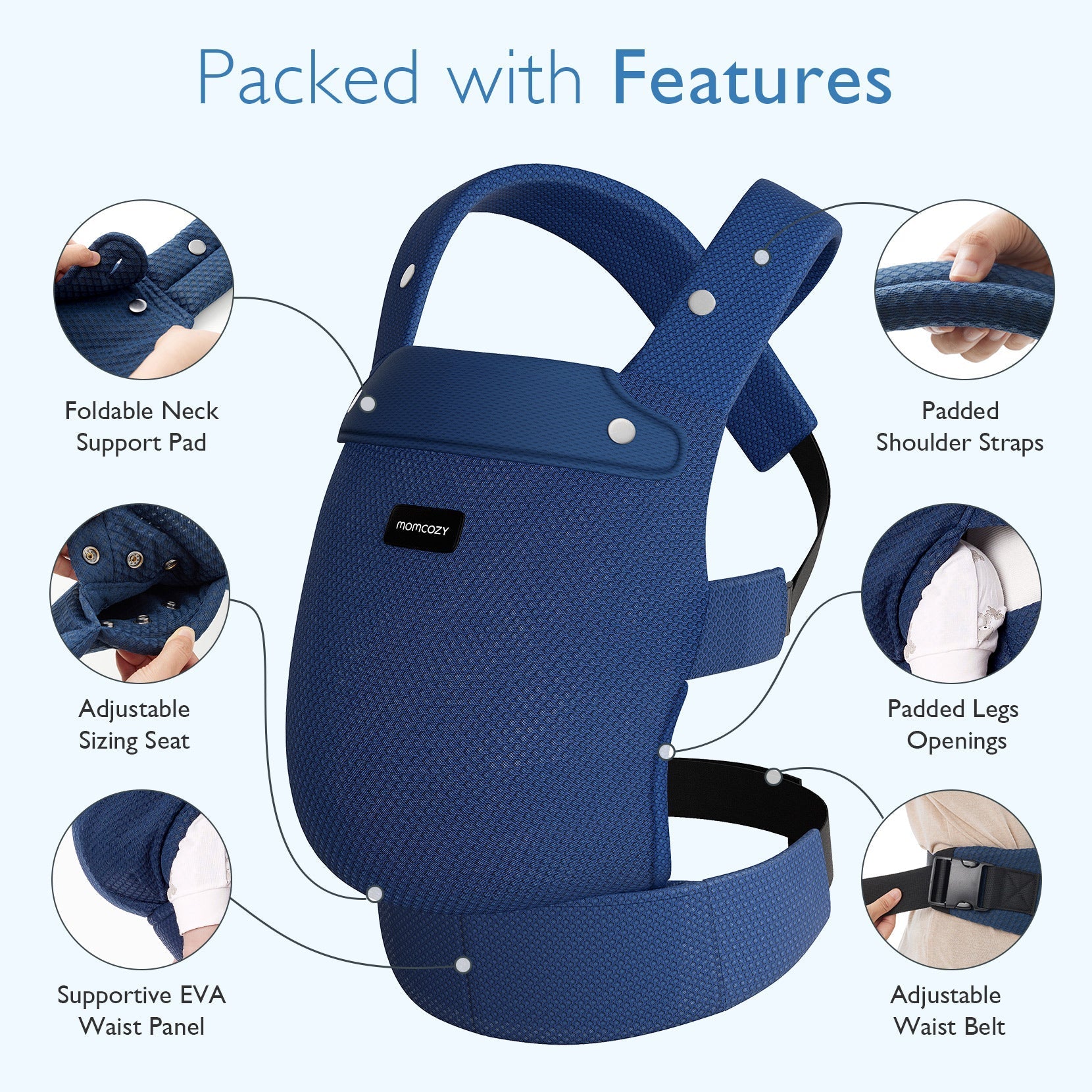 Momcozy PureHug navy blue baby carrier, features include: adjustable seat, padded straps, and waist belt for babywearing.