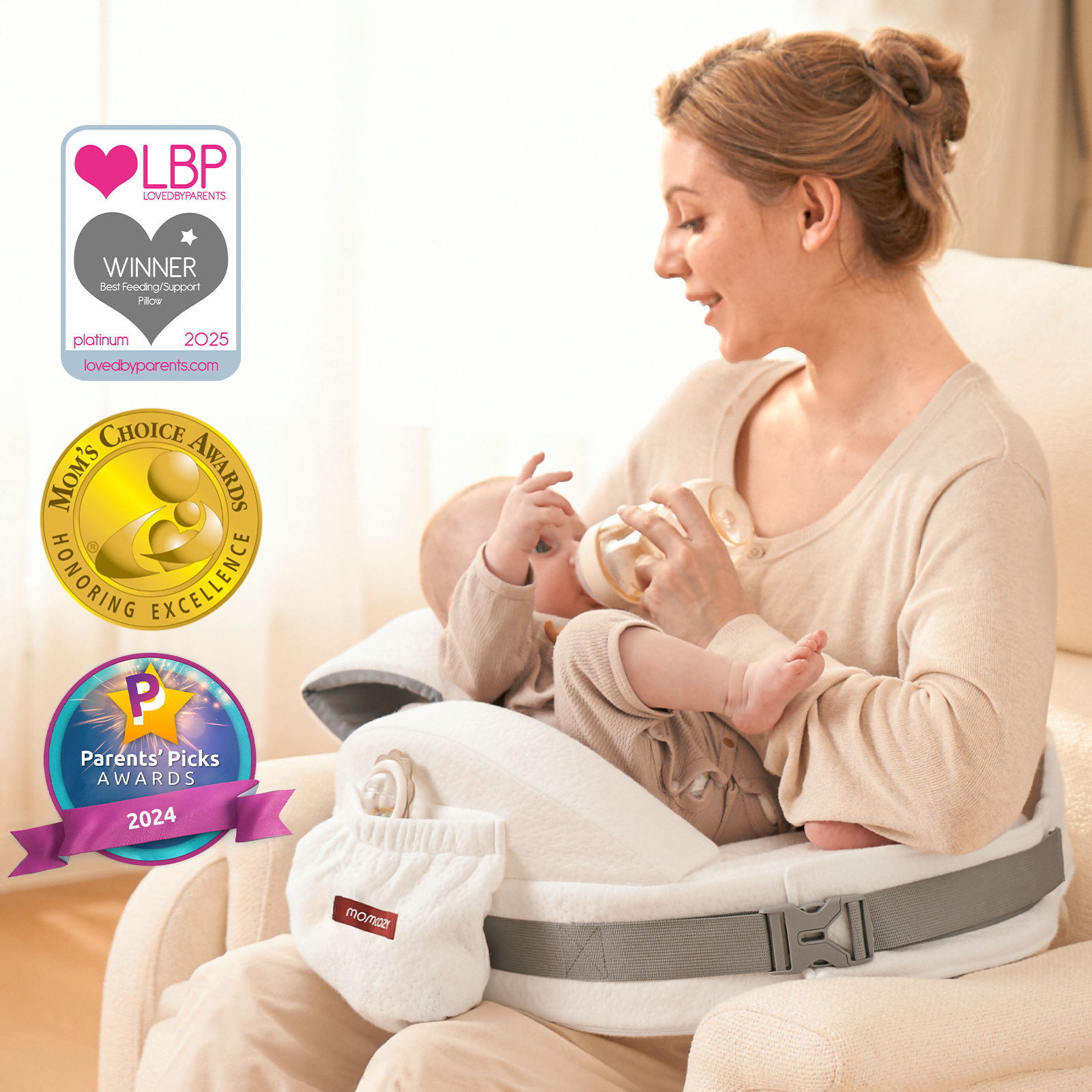 Momcozy MaxSupport Nursing Pillow in use: mother bottle-feeding baby, with Mom's Choice & LBP awards.