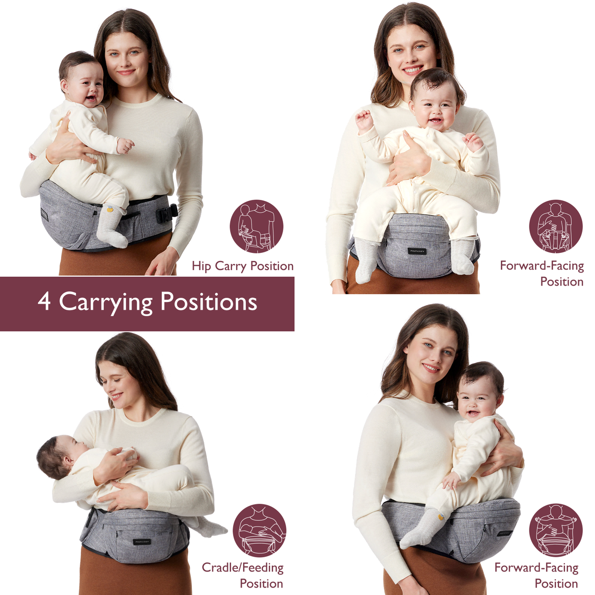 Momcozy Wander360 Hip Seat Carrier showing 4 carrying positions for babywearing comfort