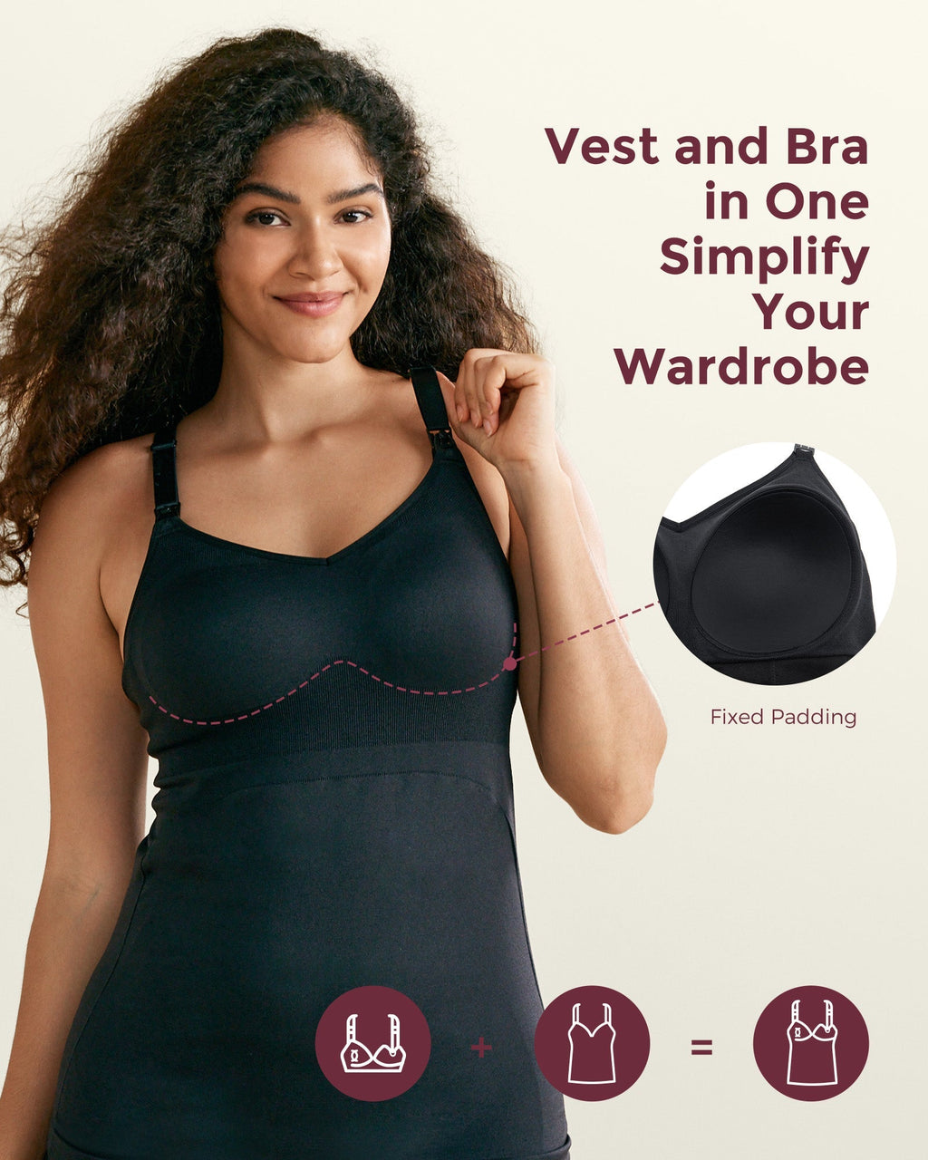 Black pumping & nursing tank top with fixed padding, combining vest and bra for convenience.