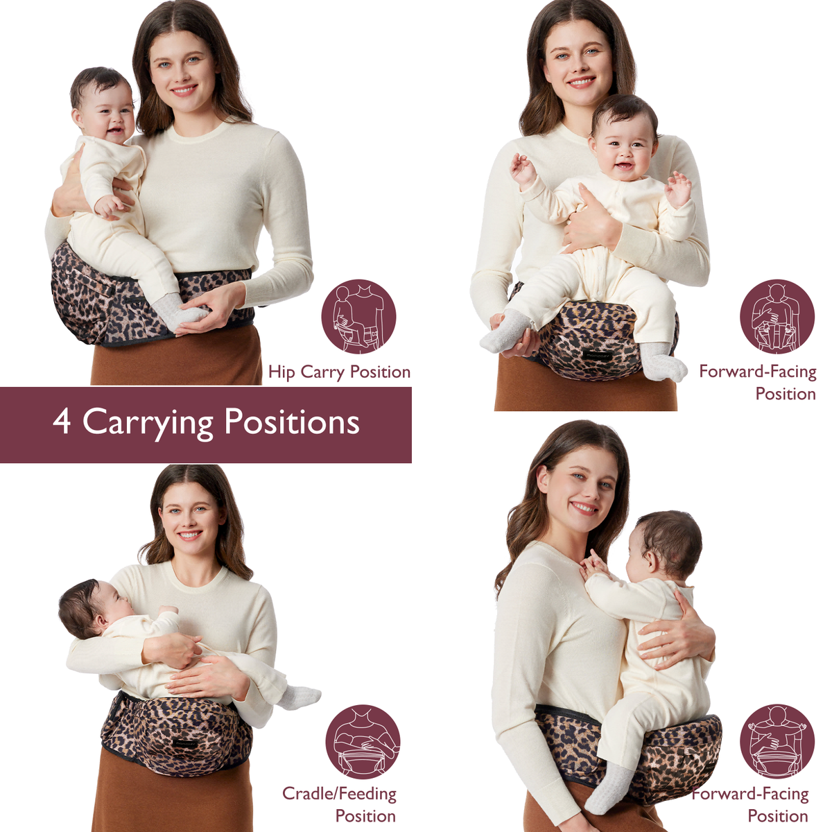 Momcozy Wander360 Hip Seat Carrier with 4 carrying positions, leopard print for babywearing comfort and style.