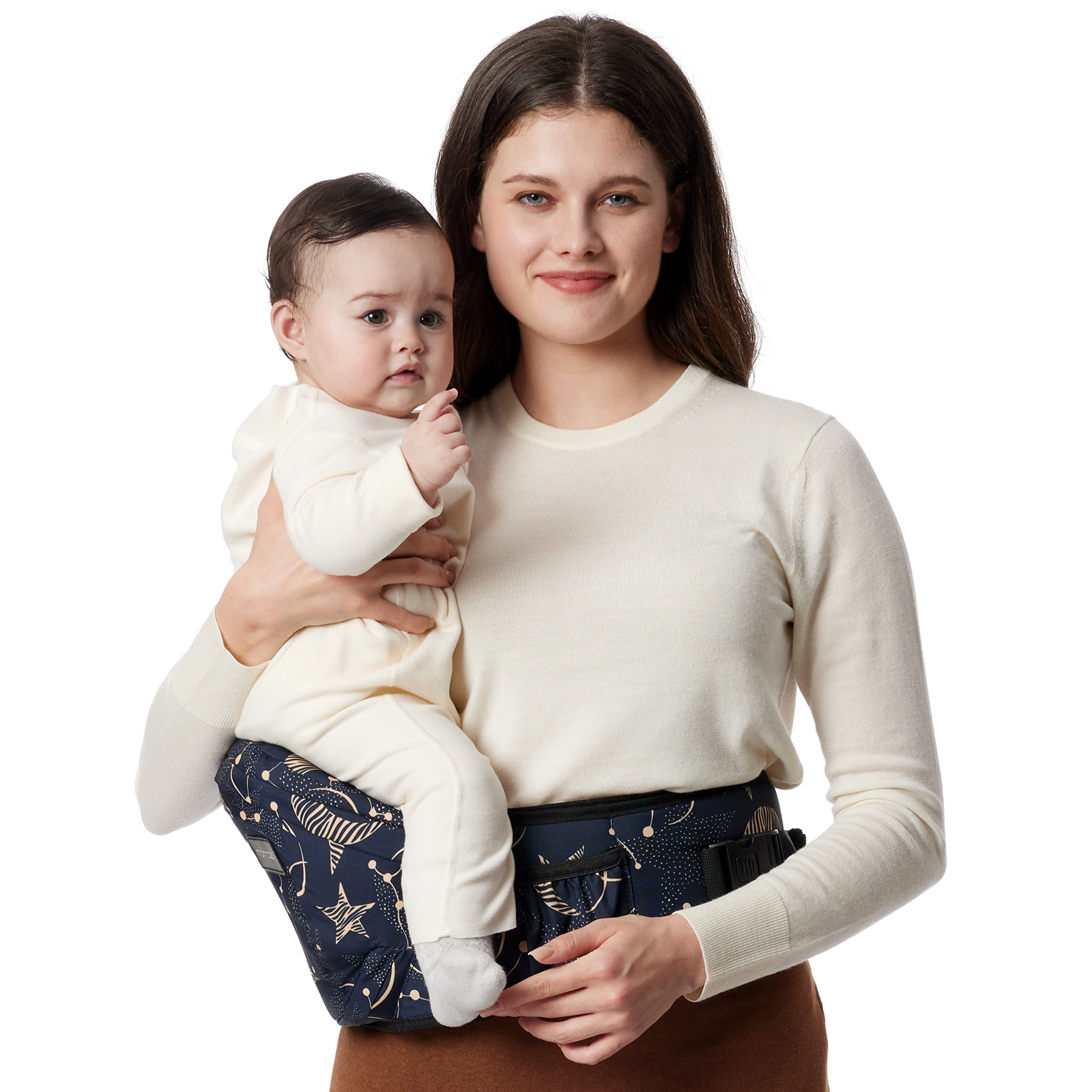 Momcozy Wander360 hip seat carrier: Woman holding baby in constellation design, for comfortable babywearing.