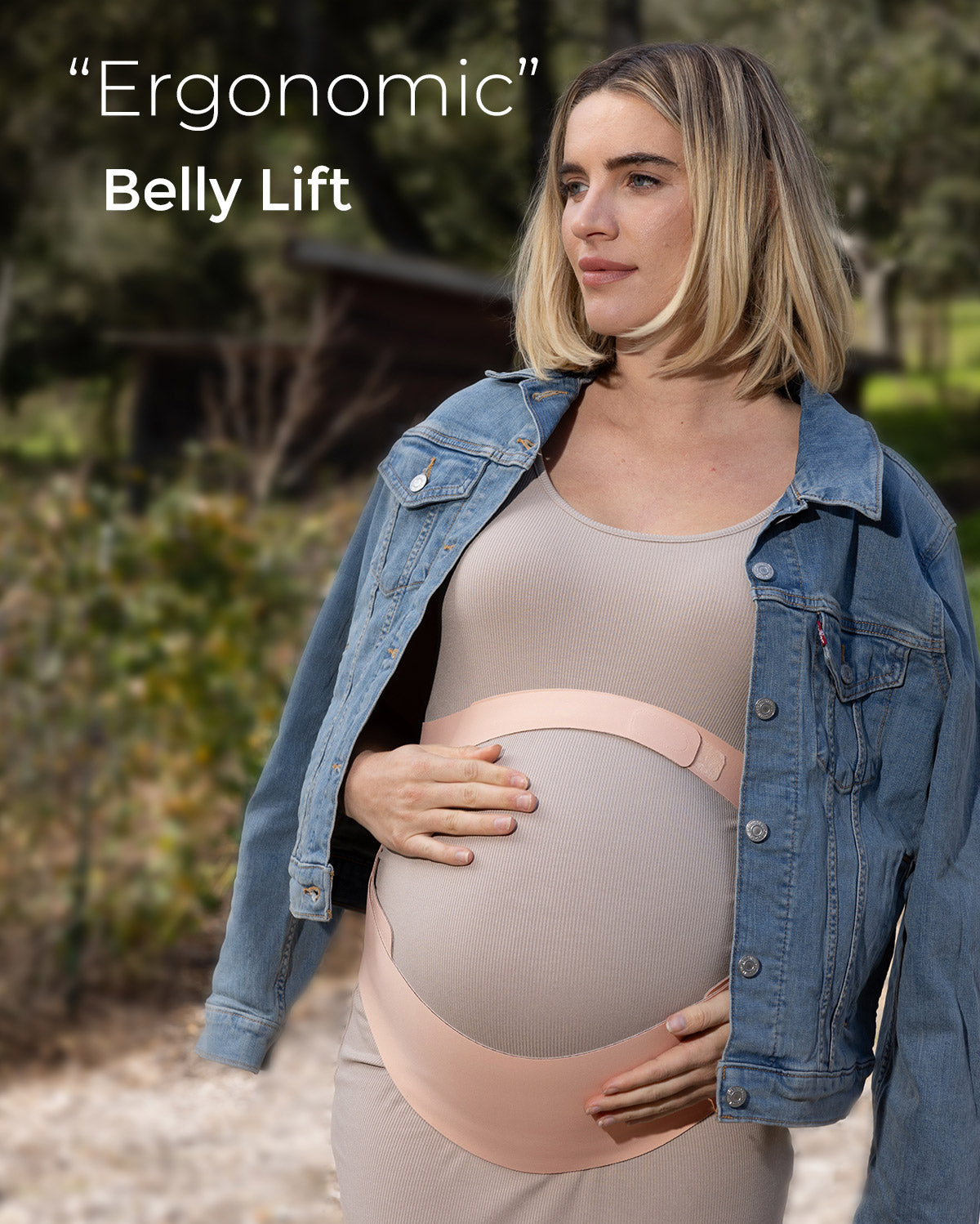 Pregnant person models light peach BumpEase maternity belly band with "Ergonomic" Belly Lift text overlay.