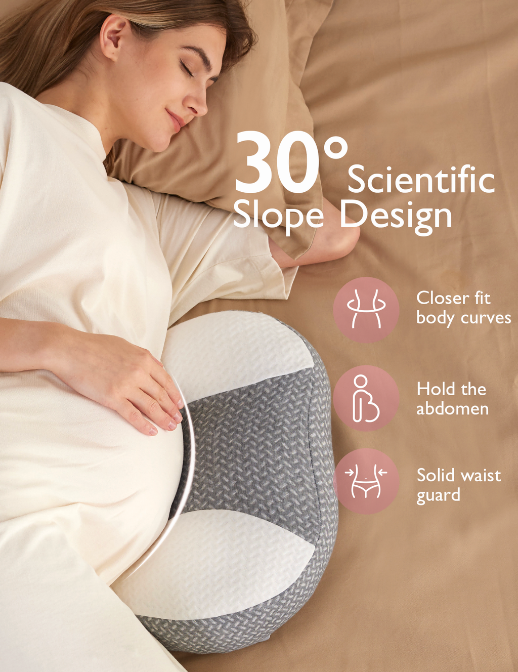 Pregnant woman resting with a Pregnancy Wedge Pillow with Cooling Cover, featuring a 30° slope design for optimal support.
