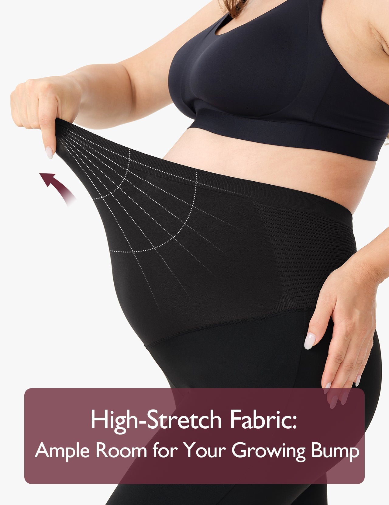 Maternity leggings stretch easily to accommodate a growing baby bump, featuring breathable fabric.
