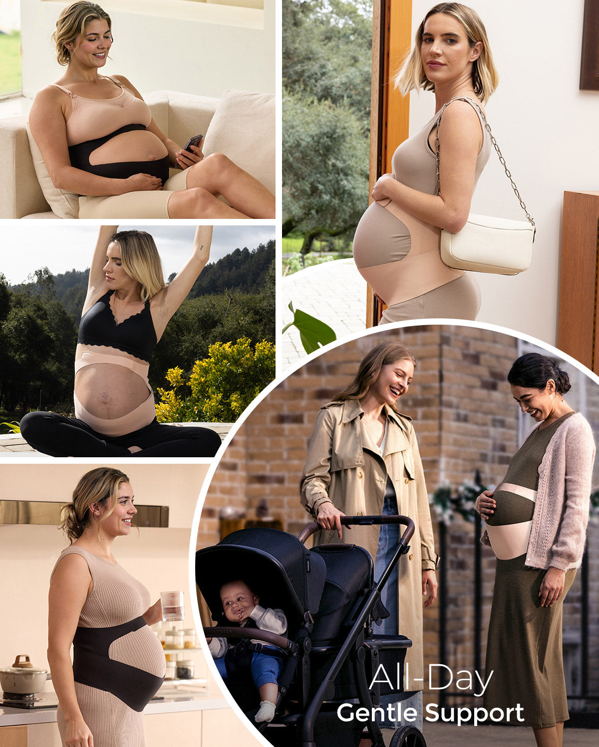 Pregnant individuals in beige BumpEase maternity bands for lounging, yoga, cooking, and walking.
