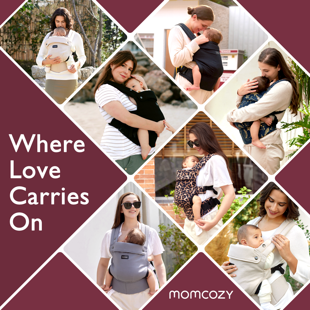 Momcozy PureHug baby carrier collection. Mothers babywearing comfortably. Stylish and supportive designs. Where Love Carries On.