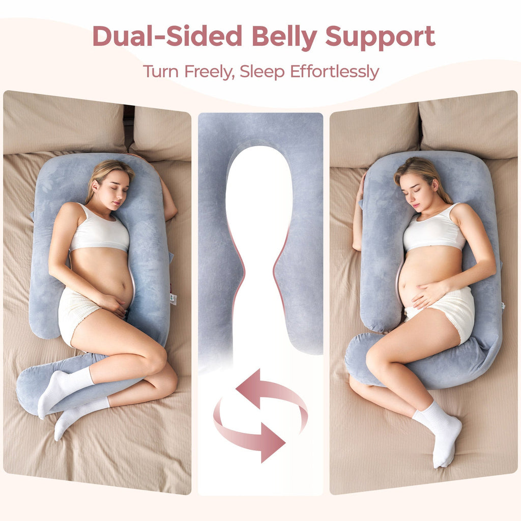 Pregnant woman using Momcozy Dreamlign pregnancy pillow, dual-sided belly support for effortless sleep, grey color