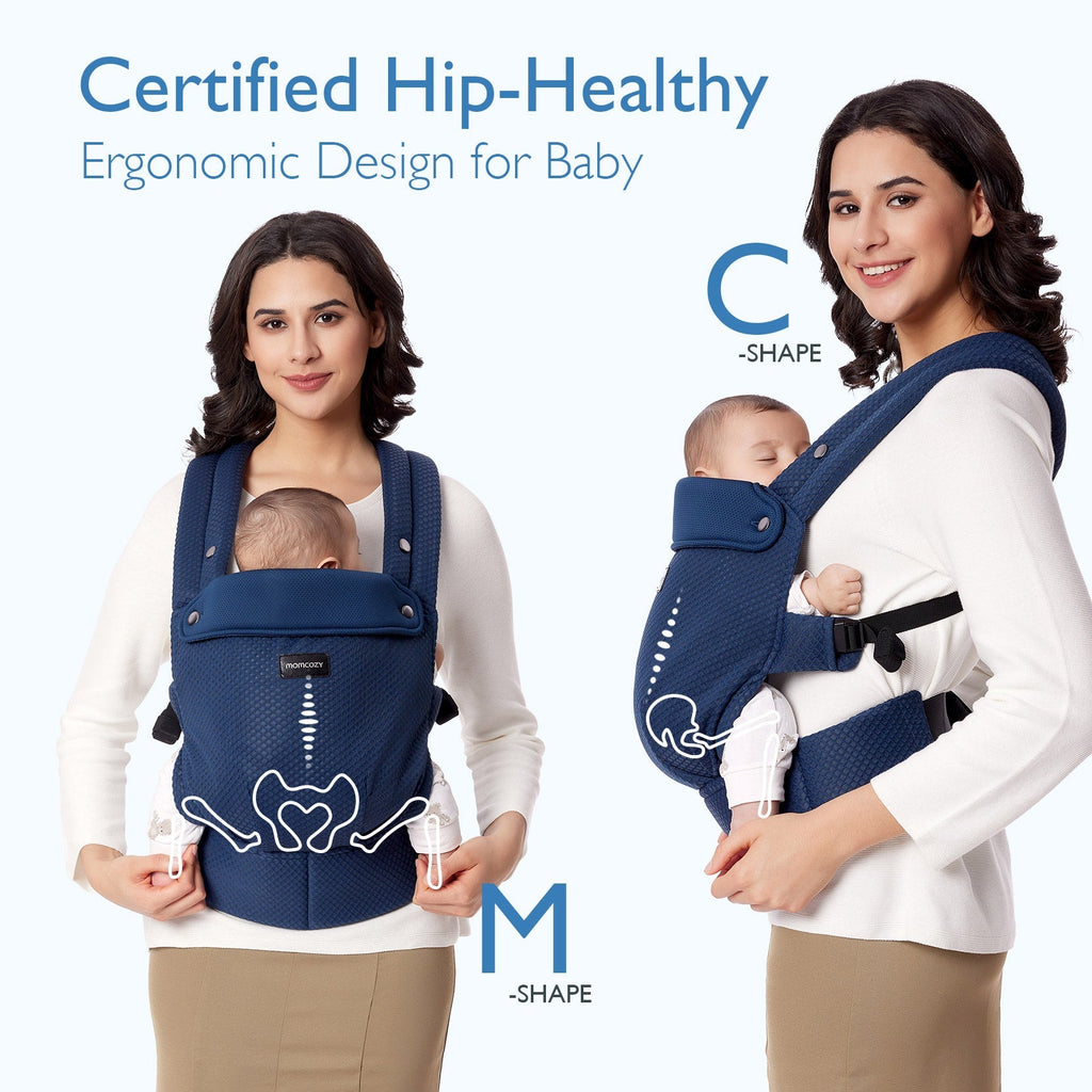 Momcozy PureHug baby carrier demonstrating M and C-shape ergonomic design for hip-healthy babywearing