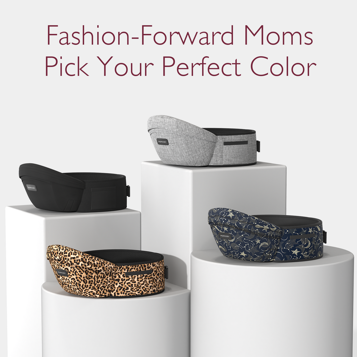 Momcozy Wander360 Hip Seat Carrier color range: black, gray, leopard, navy constellation. Choose your babywearing style.