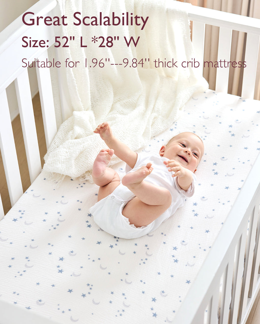 Momcozy Muslin Fitted Crib Sheets - 2 sizes - Blue White Star Moon